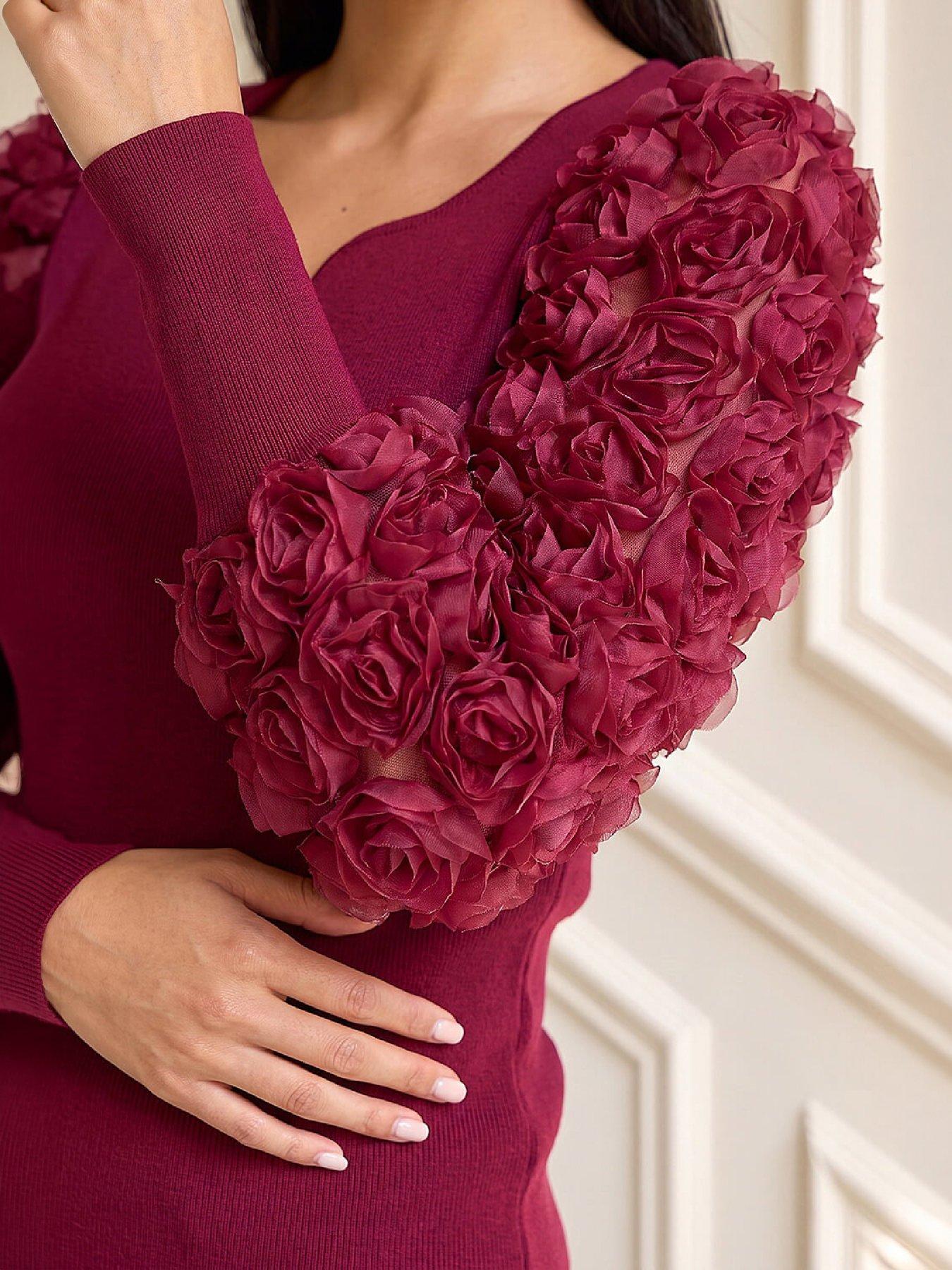 Image 2 of 4 of Roman Womens Ribbed Lace Sleeve Notch Neck Blouse - Red