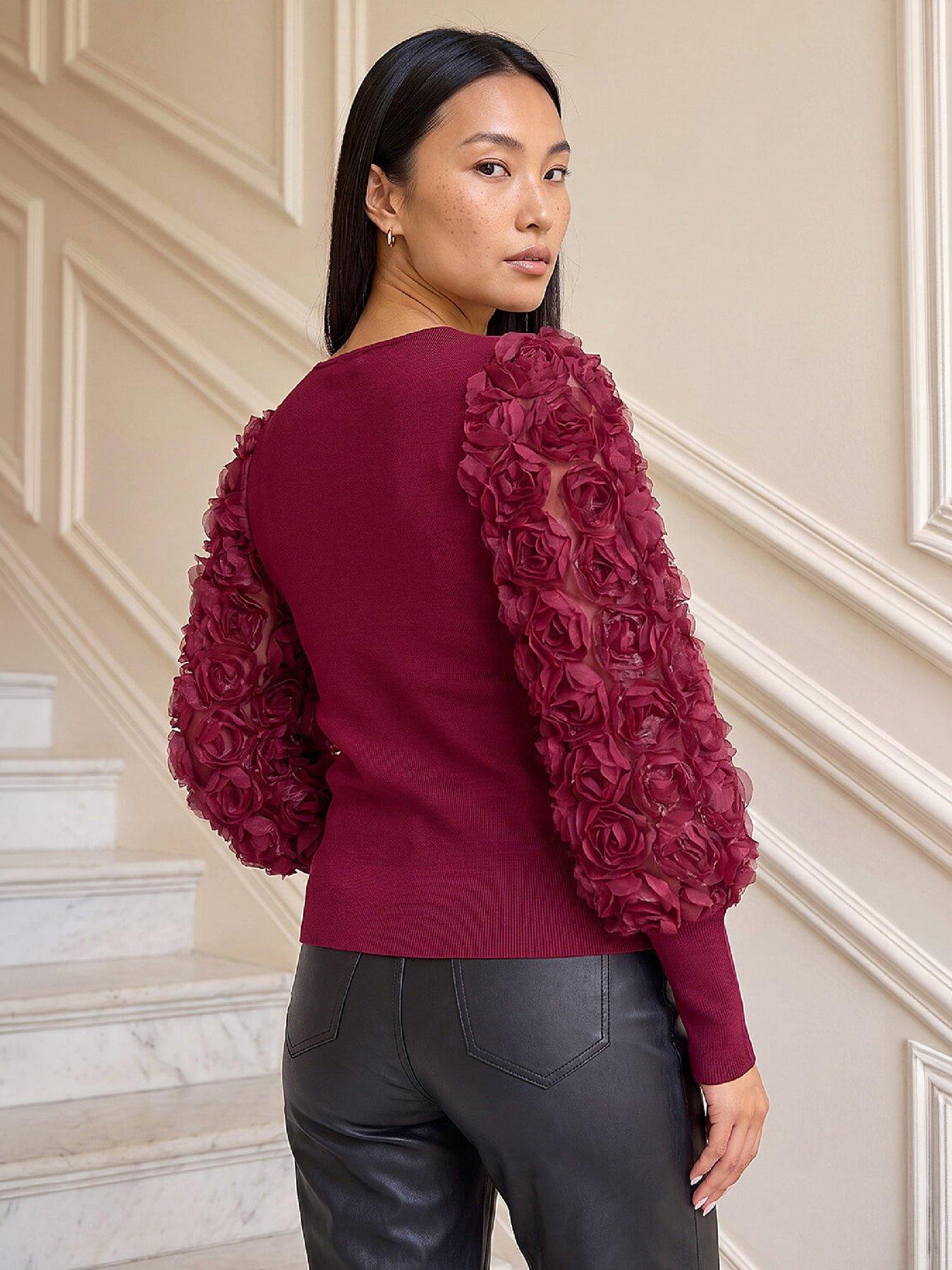 Image 4 of 4 of Roman Womens Ribbed Lace Sleeve Notch Neck Blouse - Red