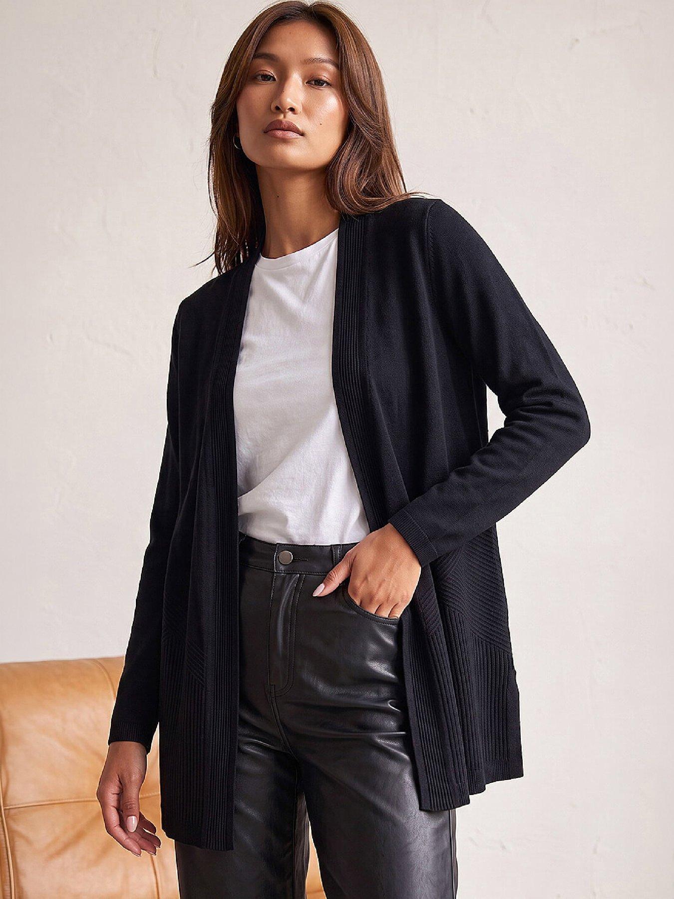 Image 1 of 4 of Roman Womens Detailed Rib Longline Open-Front Cardigan - Black