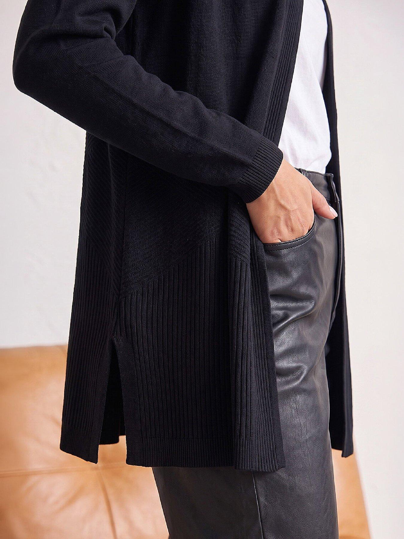 Image 2 of 4 of Roman Womens Detailed Rib Longline Open-Front Cardigan - Black