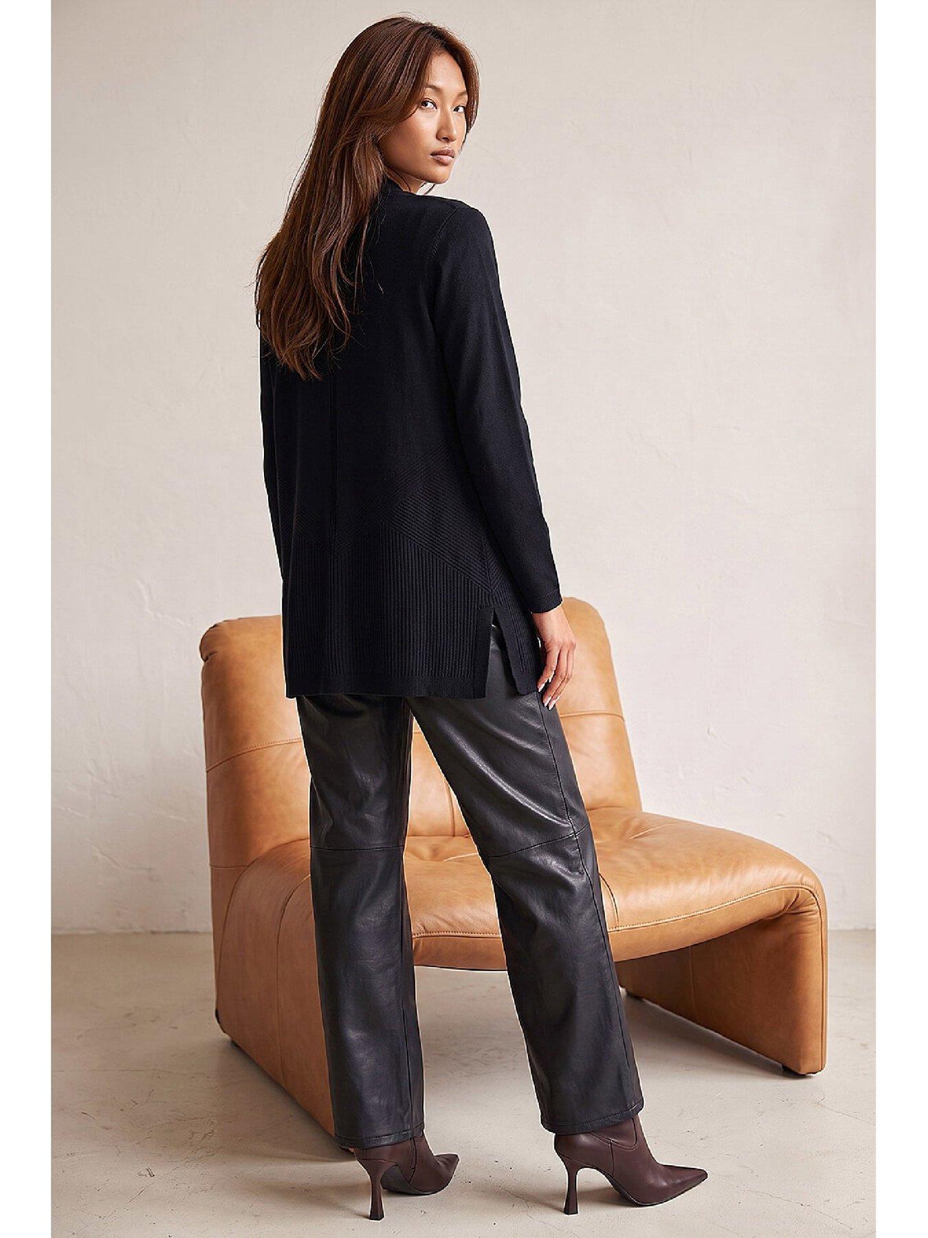 Image 3 of 4 of Roman Womens Detailed Rib Longline Open-Front Cardigan - Black
