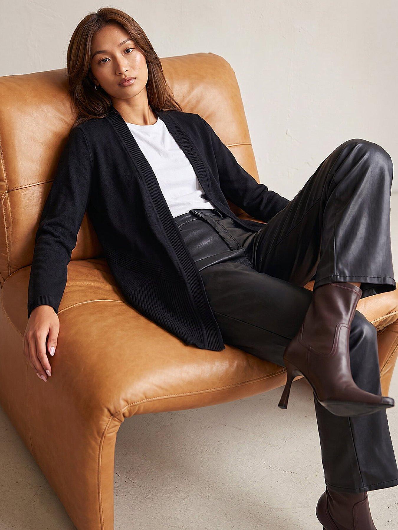 Image 4 of 4 of Roman Womens Detailed Rib Longline Open-Front Cardigan - Black