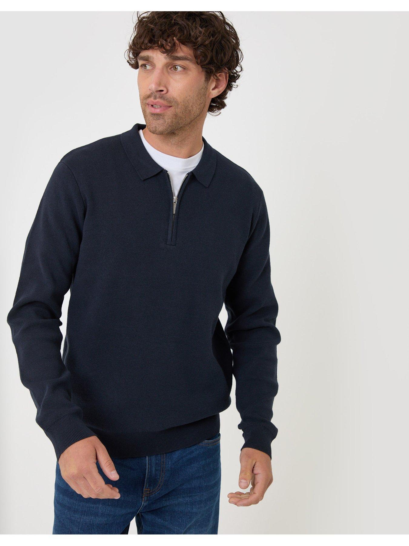 Image 1 of 4 of Threadbare Cotton Rich Quarter Zip Long Sleeve Polo In Navy