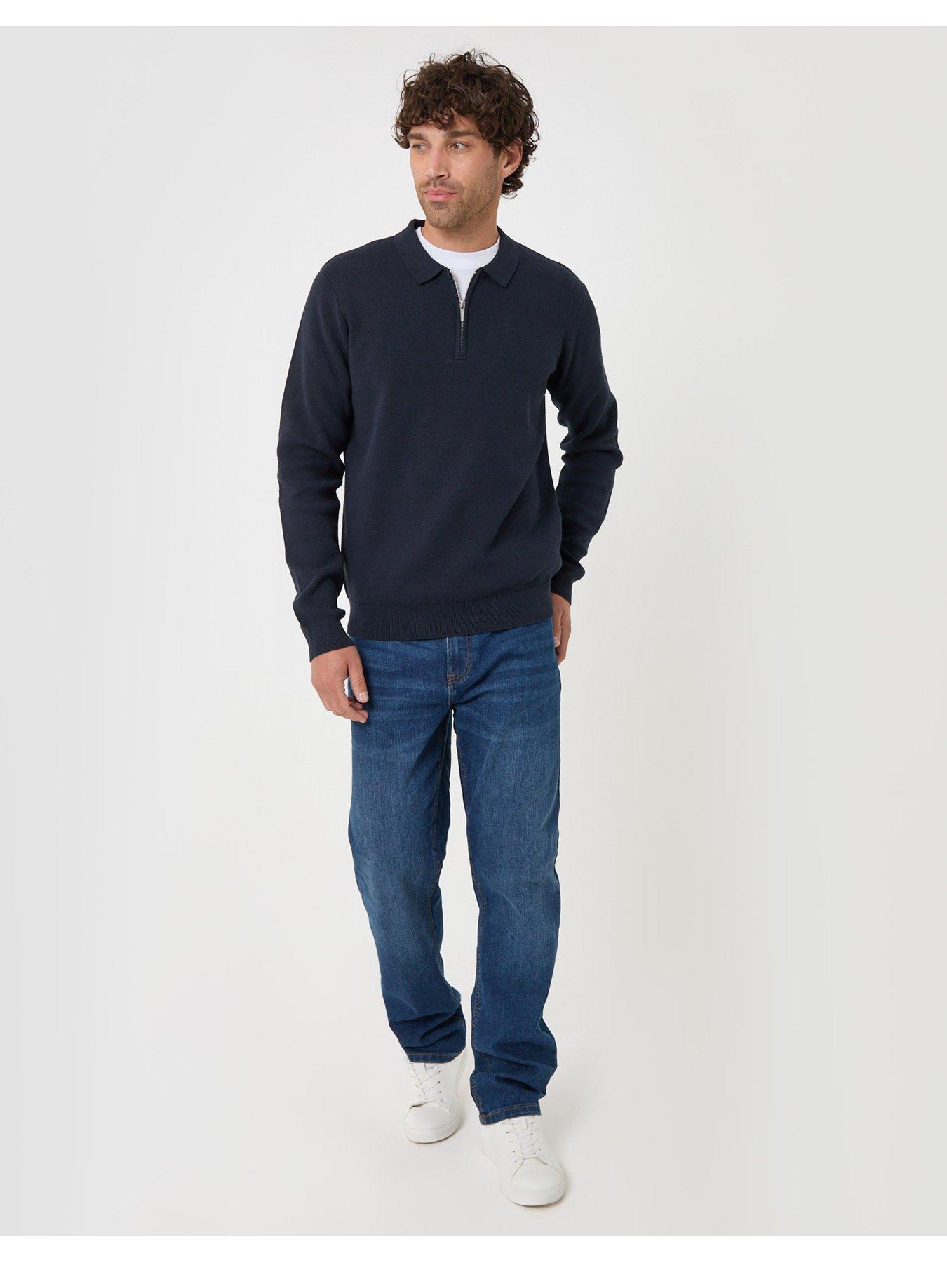 Image 3 of 4 of Threadbare Cotton Rich Quarter Zip Long Sleeve Polo In Navy