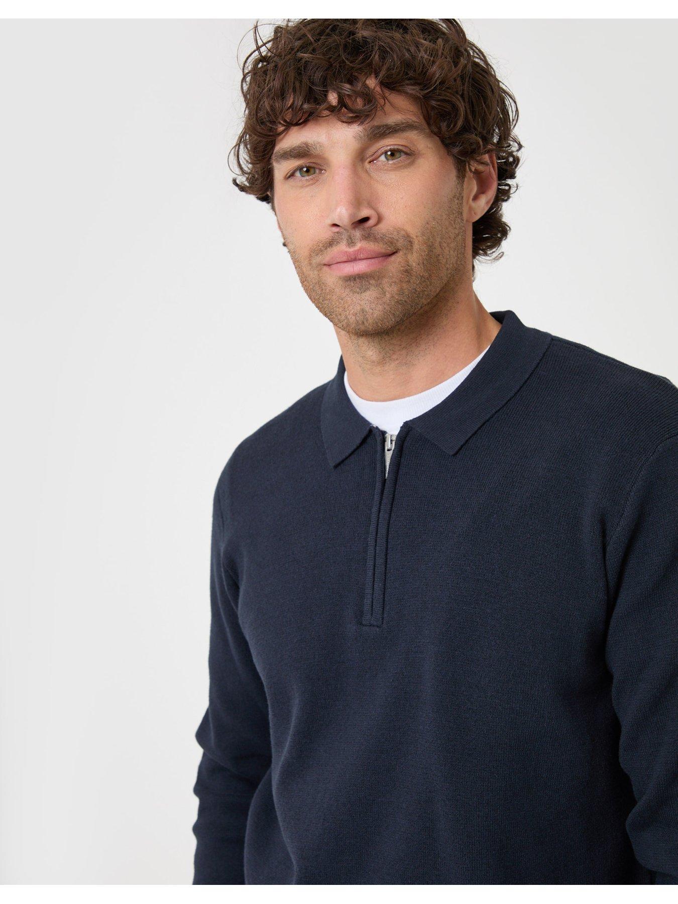 Image 4 of 4 of Threadbare Cotton Rich Quarter Zip Long Sleeve Polo In Navy