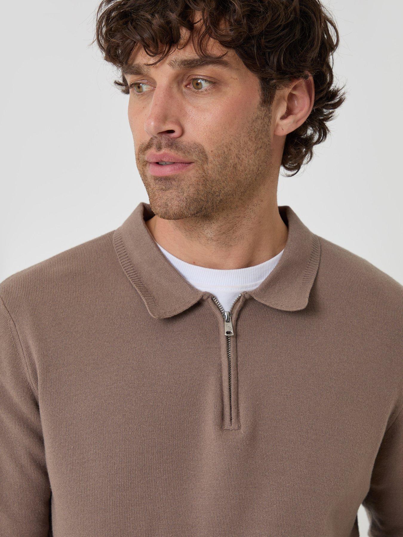 Image 1 of 4 of Threadbare Mens Boxy Super Soft Quarter Zip Polo Perrie Jumper - Brown