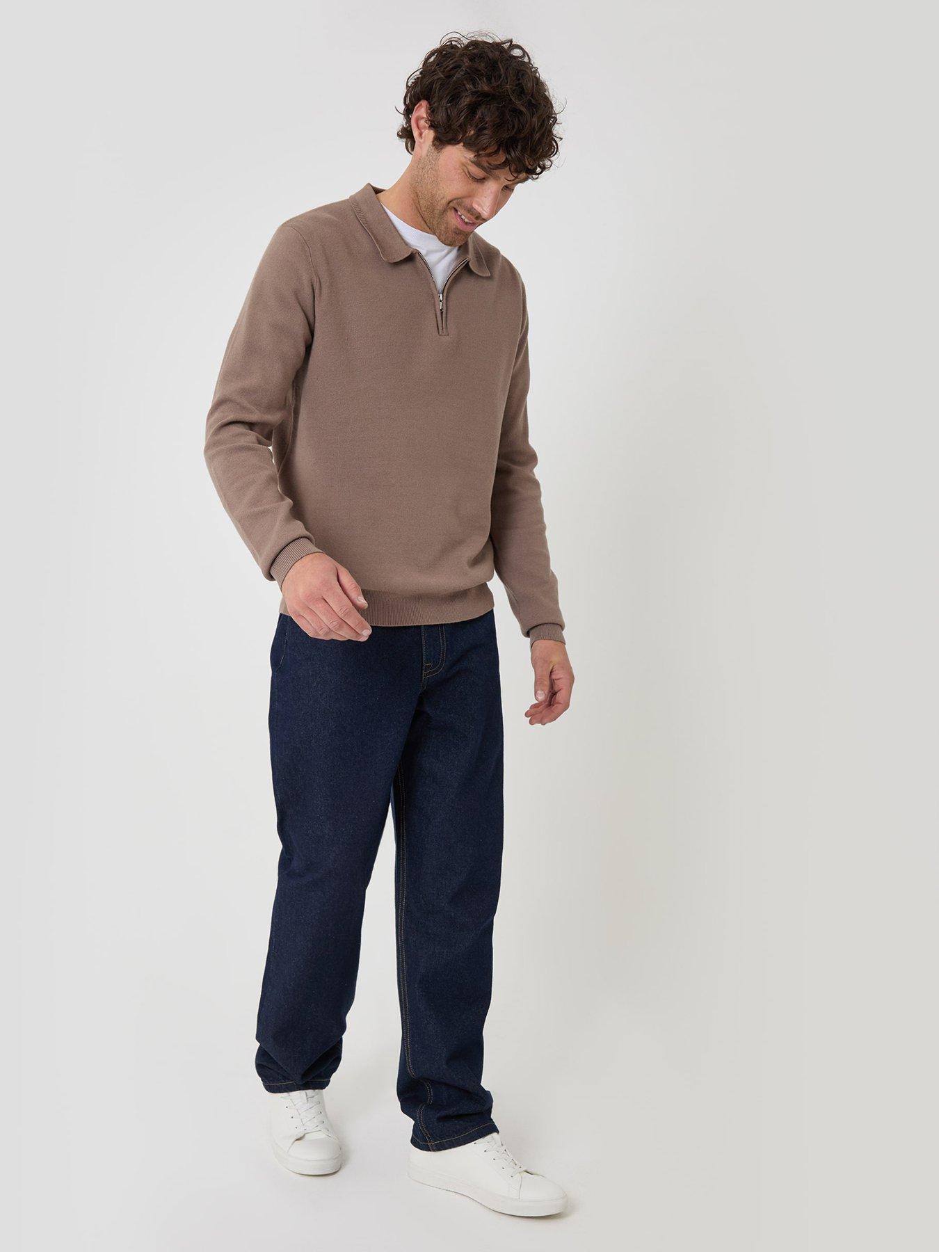 Image 3 of 4 of Threadbare Mens Boxy Super Soft Quarter Zip Polo Perrie Jumper - Brown