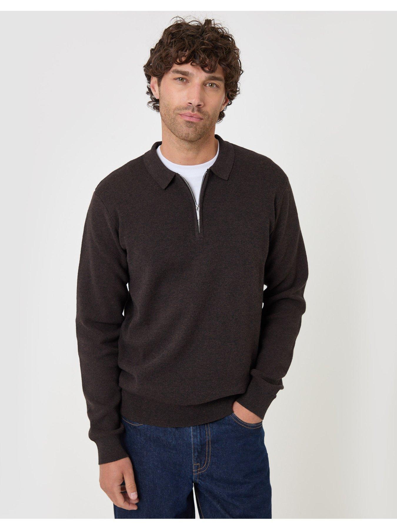 Image 1 of 4 of Threadbare Mens Quarter Zip Polo Jumper - Brown