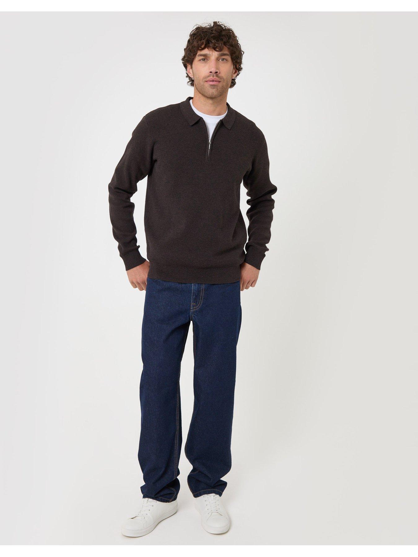Image 3 of 4 of Threadbare Mens Quarter Zip Polo Jumper - Brown