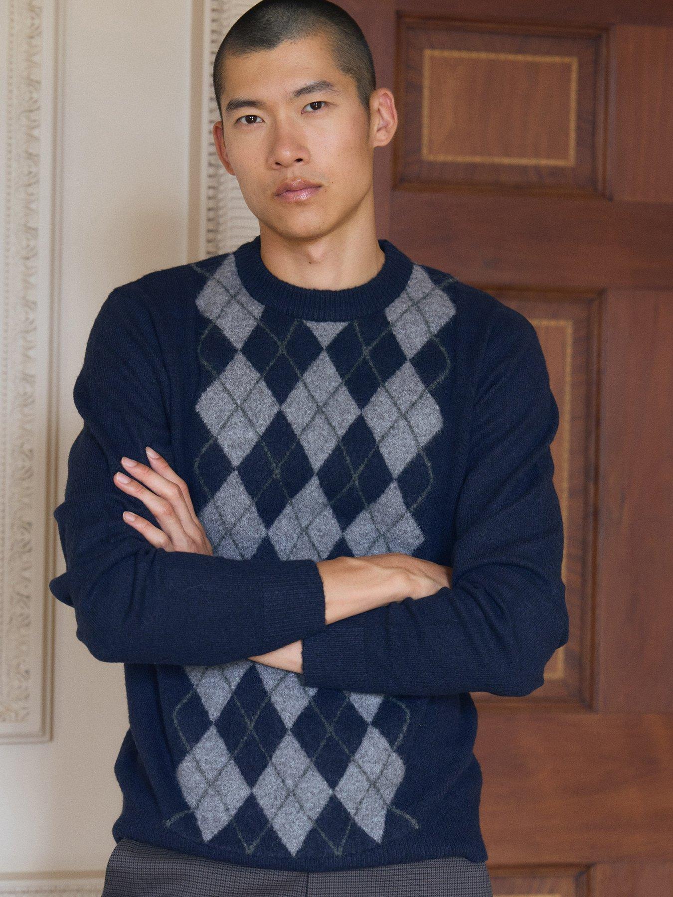 Image 1 of 4 of Threadbare Mens Gransden Argyle Knit Crew Neck Rib Trim Jumper - Navy