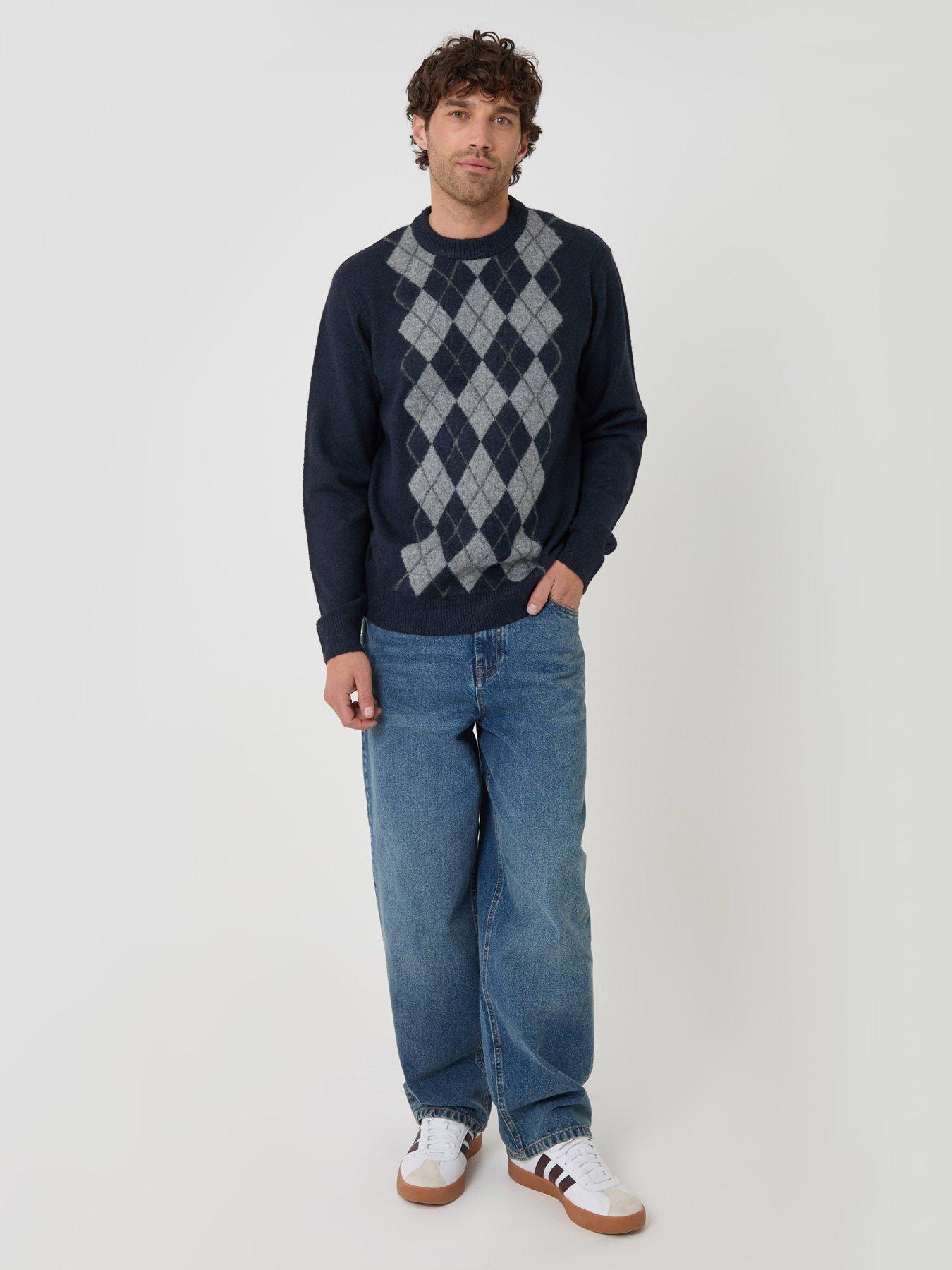 Image 3 of 4 of Threadbare Mens Gransden Argyle Knit Crew Neck Rib Trim Jumper - Navy
