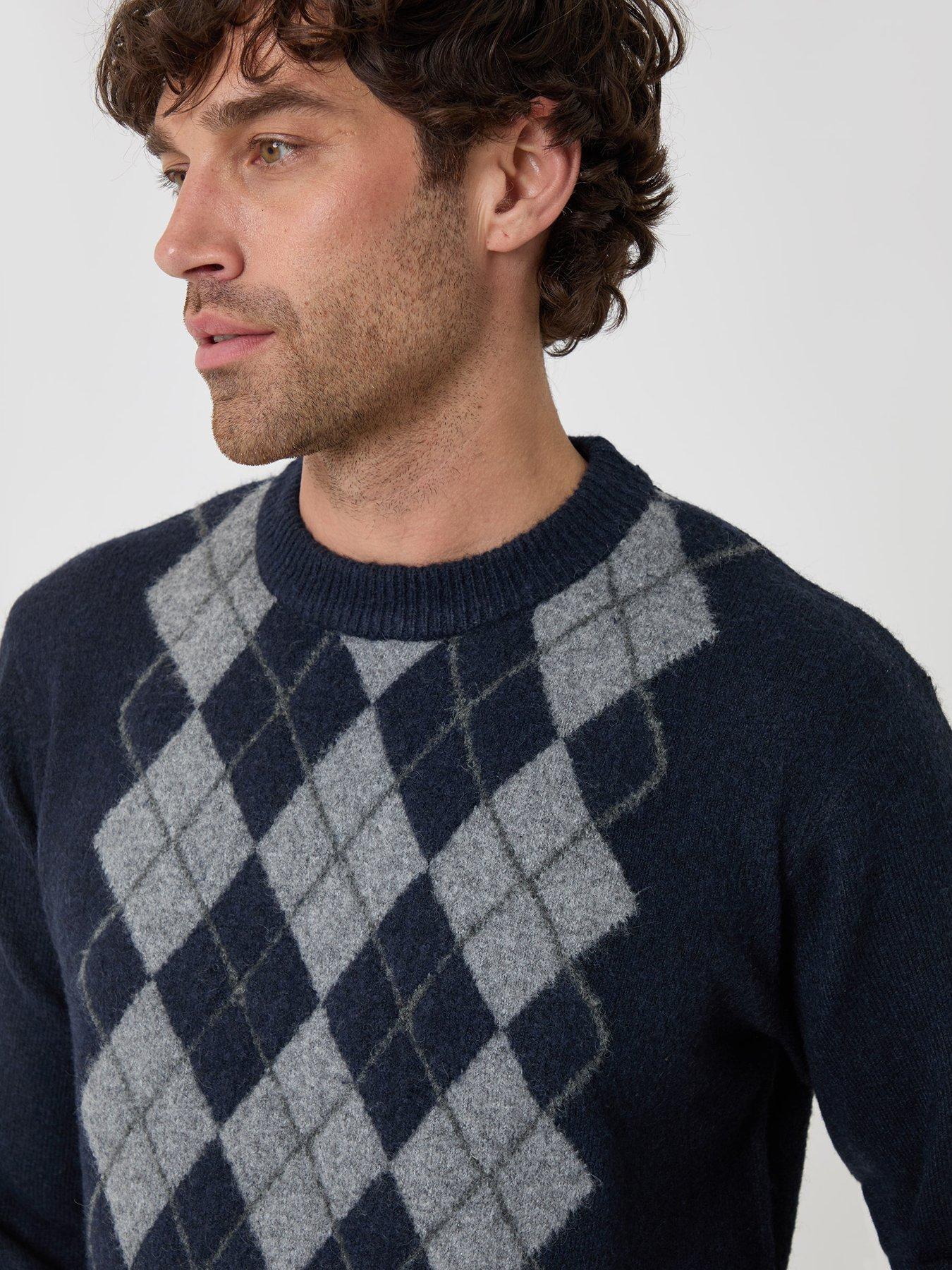 Image 4 of 4 of Threadbare Mens Gransden Argyle Knit Crew Neck Rib Trim Jumper - Navy