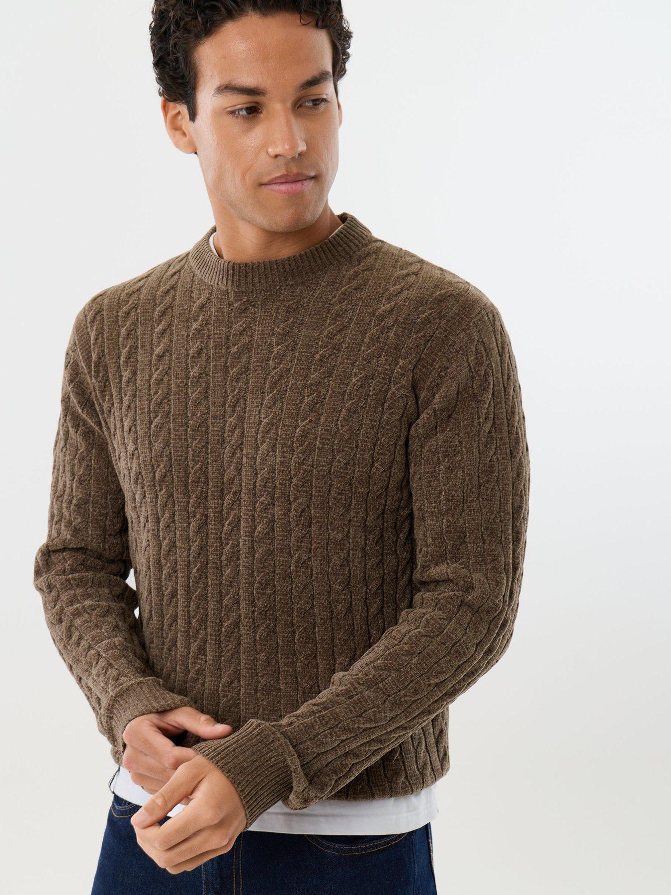 Image 1 of 4 of Threadbare Mens Fluffy Cable Knit Crew Neck Jumper - Brown
