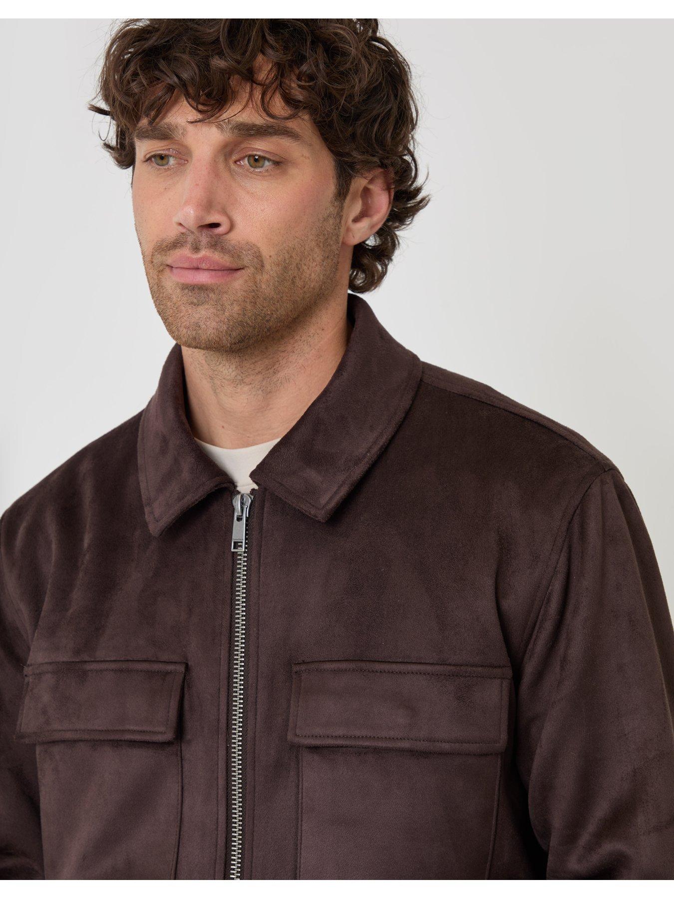 Image 4 of 6 of Threadbare Mens Faux Suede Collared Full Zip Jacket - Brown