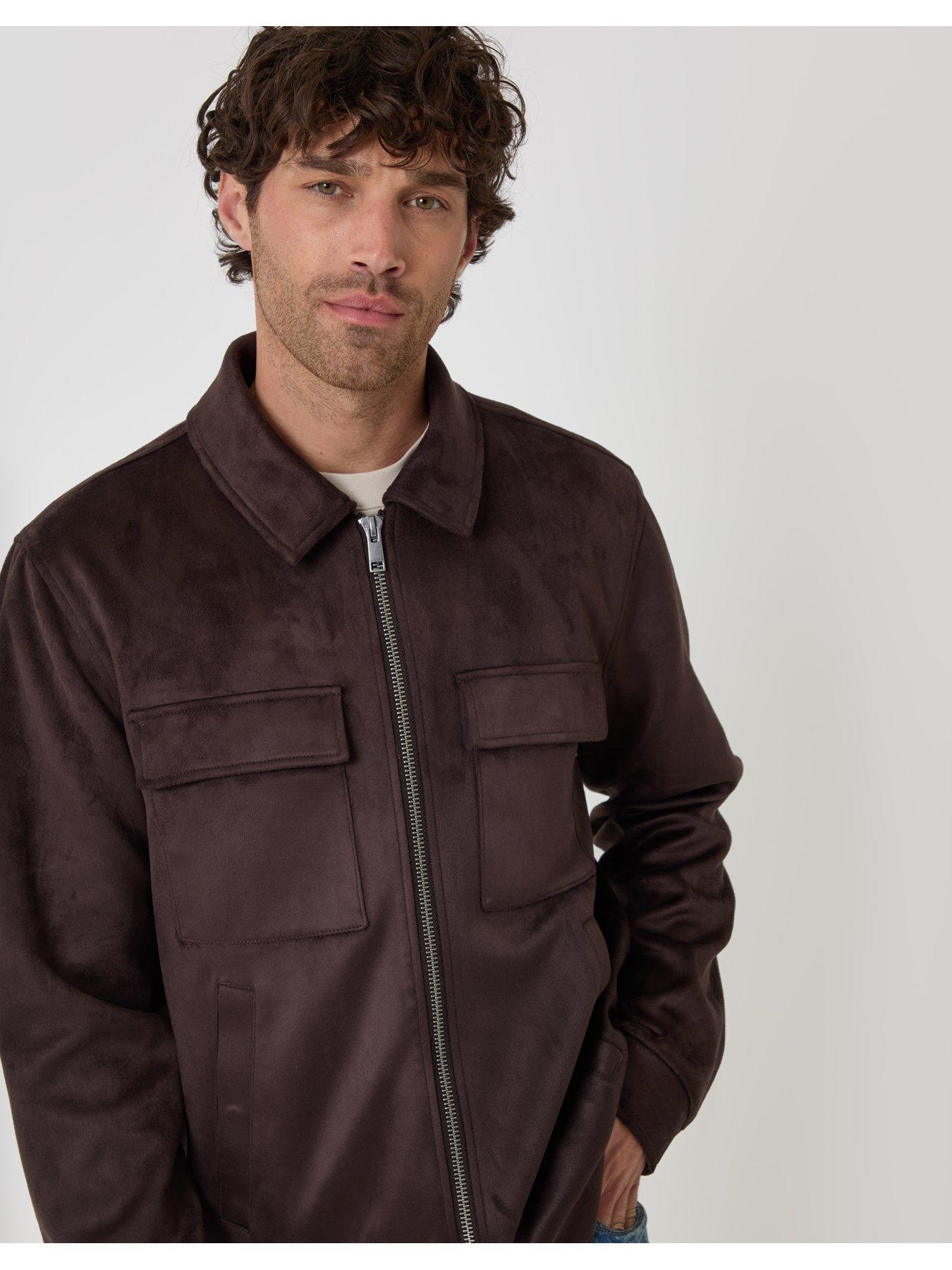 Image 5 of 6 of Threadbare Mens Faux Suede Collared Full Zip Jacket - Brown