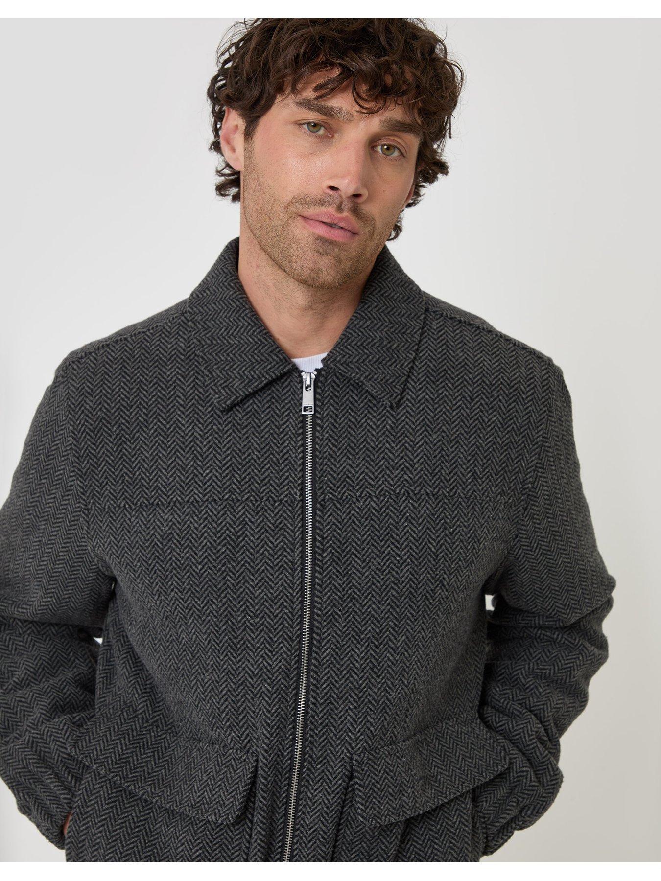 Image 4 of 6 of Threadbare Herringbone Faux Wool Collared Jacket In Slate Grey