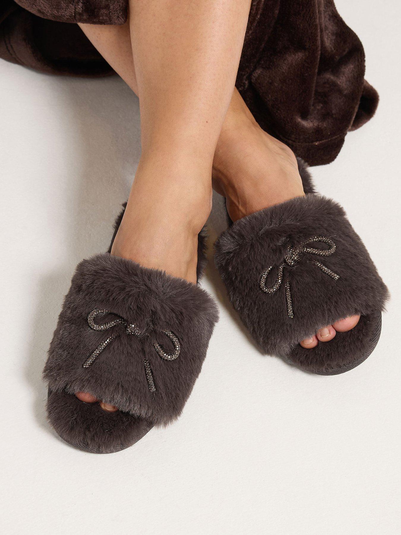 Image 1 of 4 of Yours Womens Glittter Bow Faux Fur Mule Slippers - Brown