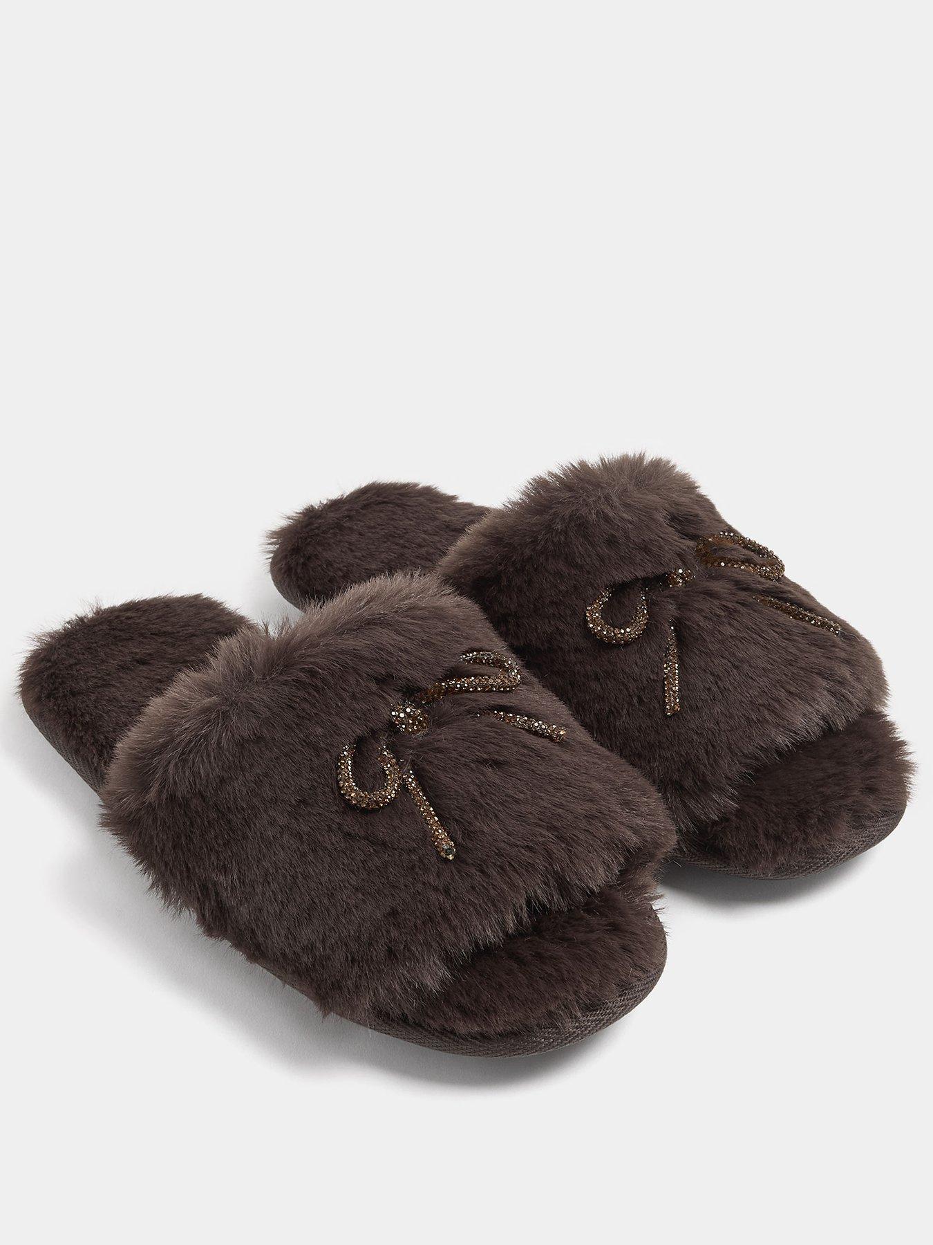 Image 2 of 4 of Yours Womens Glittter Bow Faux Fur Mule Slippers - Brown
