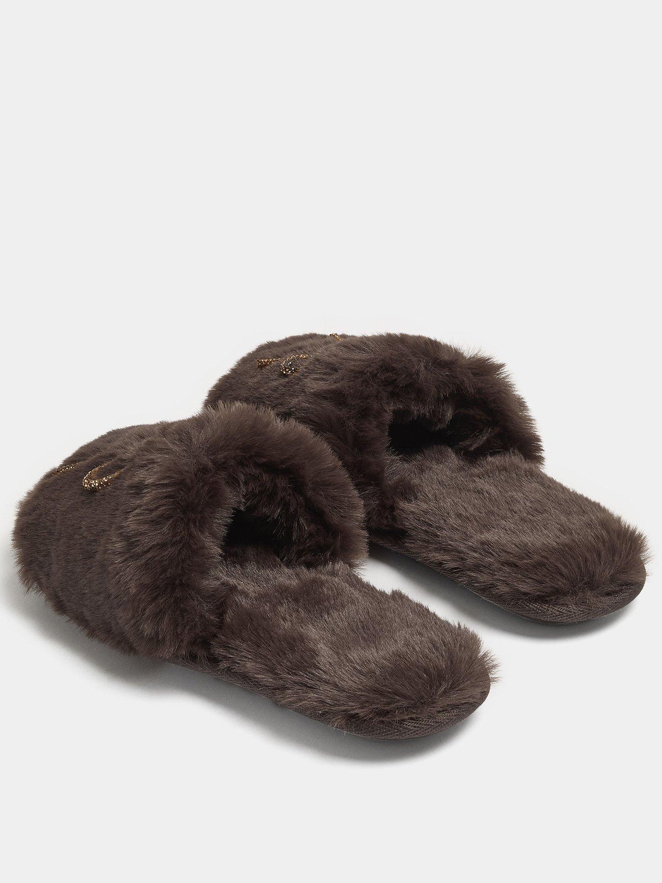 Image 3 of 4 of Yours Womens Glittter Bow Faux Fur Mule Slippers - Brown