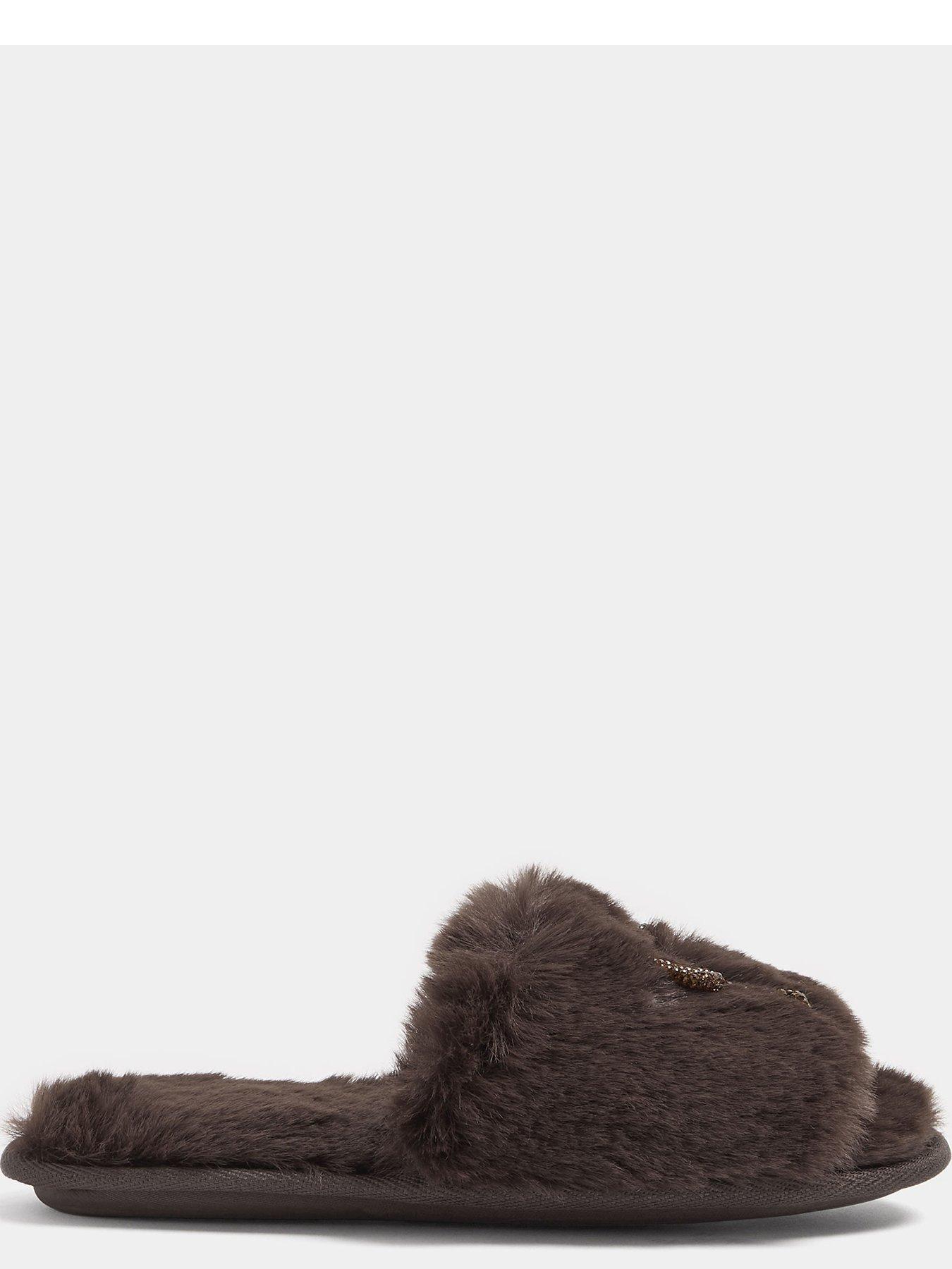 Image 4 of 4 of Yours Womens Glittter Bow Faux Fur Mule Slippers - Brown
