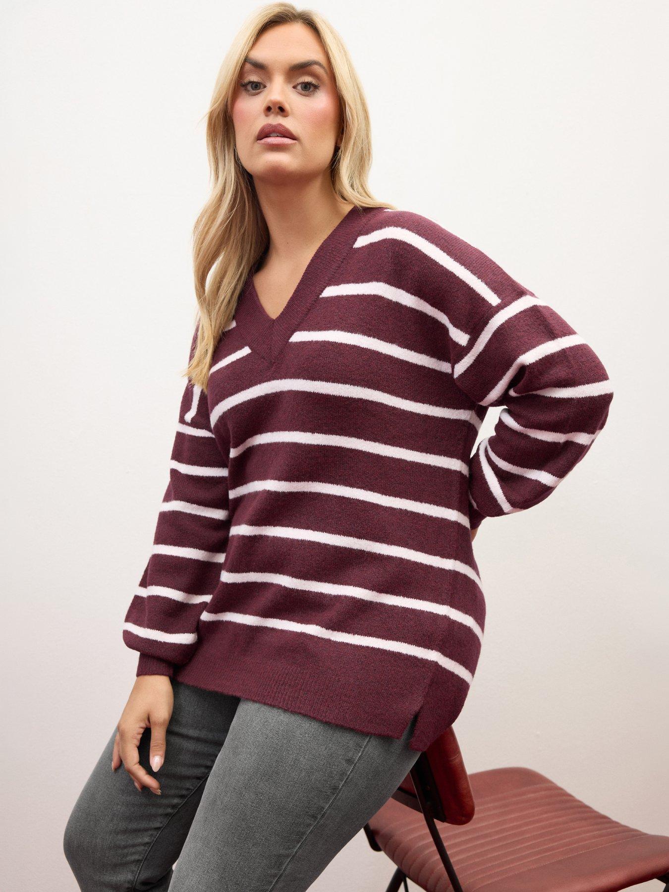 Image 1 of 4 of Yours Womens Curve V-Neck Stripe Jumper - Red