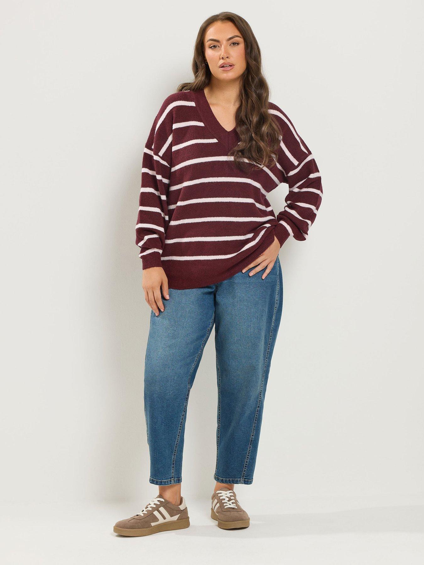 Image 2 of 4 of Yours Womens Curve V-Neck Stripe Jumper - Red