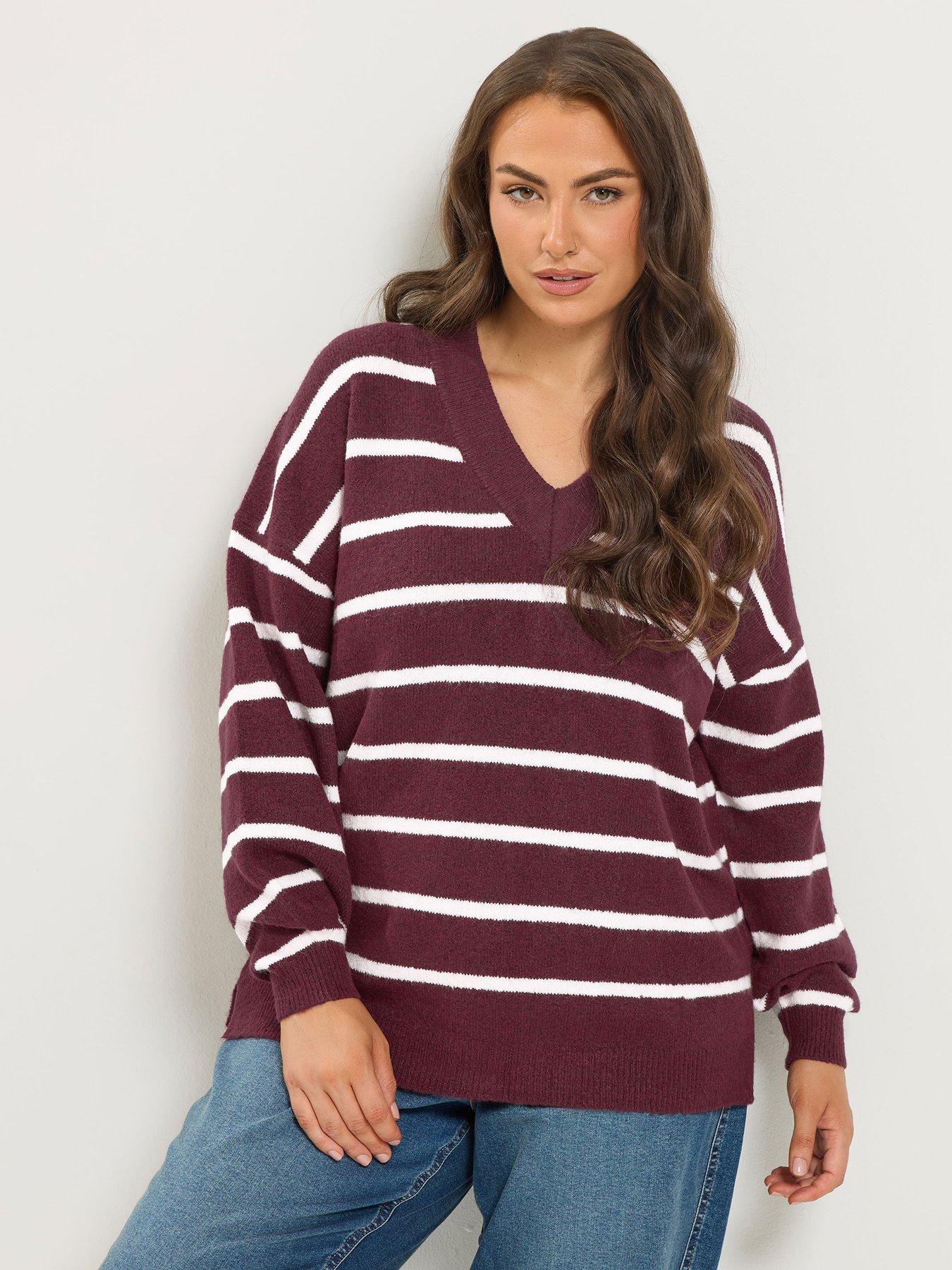 Image 3 of 4 of Yours Womens Curve V-Neck Stripe Jumper - Red