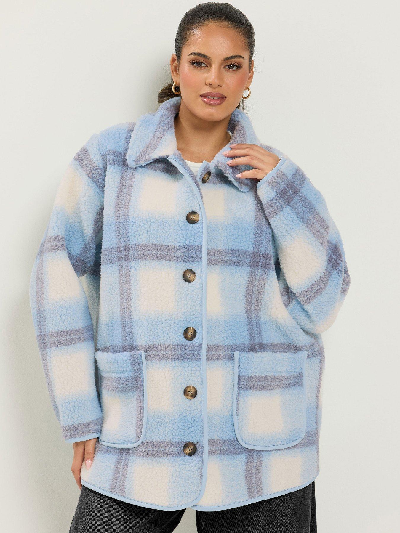 Image 1 of 4 of Yours Womens Curve Teddy Borg Button-Through Fleece Jacket - Blue