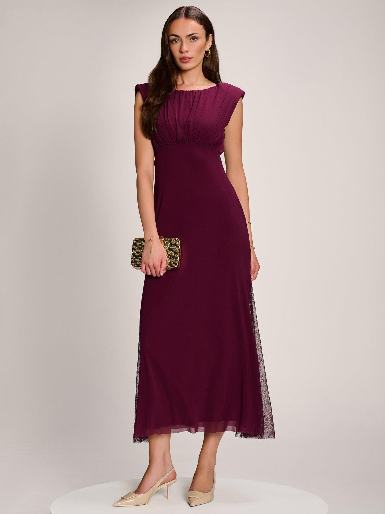 Image 1 of 7 of Jolie Moi Womens Lace Insert Mesh Waist Seam Maxi Dress - Purple