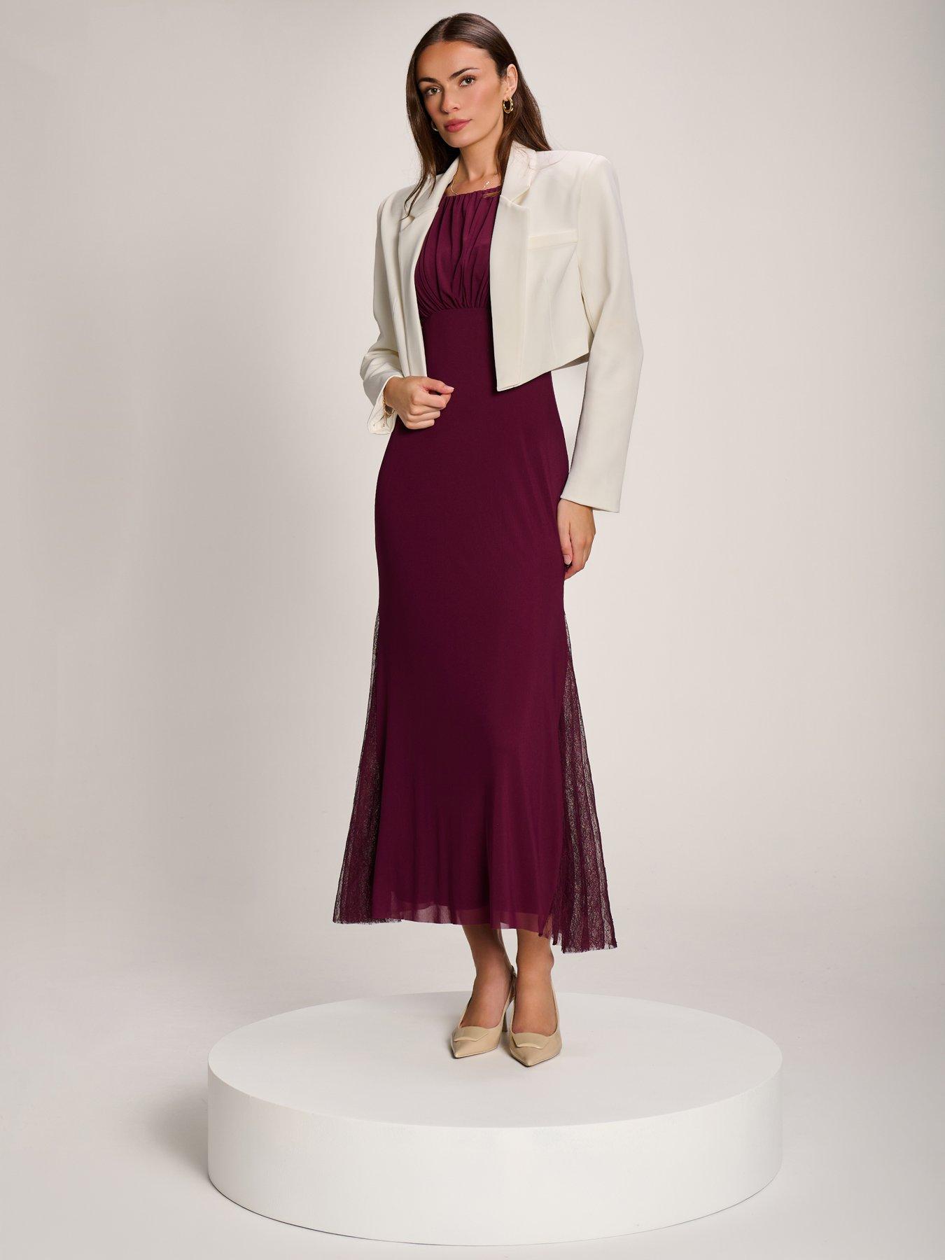 Image 6 of 7 of Jolie Moi Womens Lace Insert Mesh Waist Seam Maxi Dress - Purple