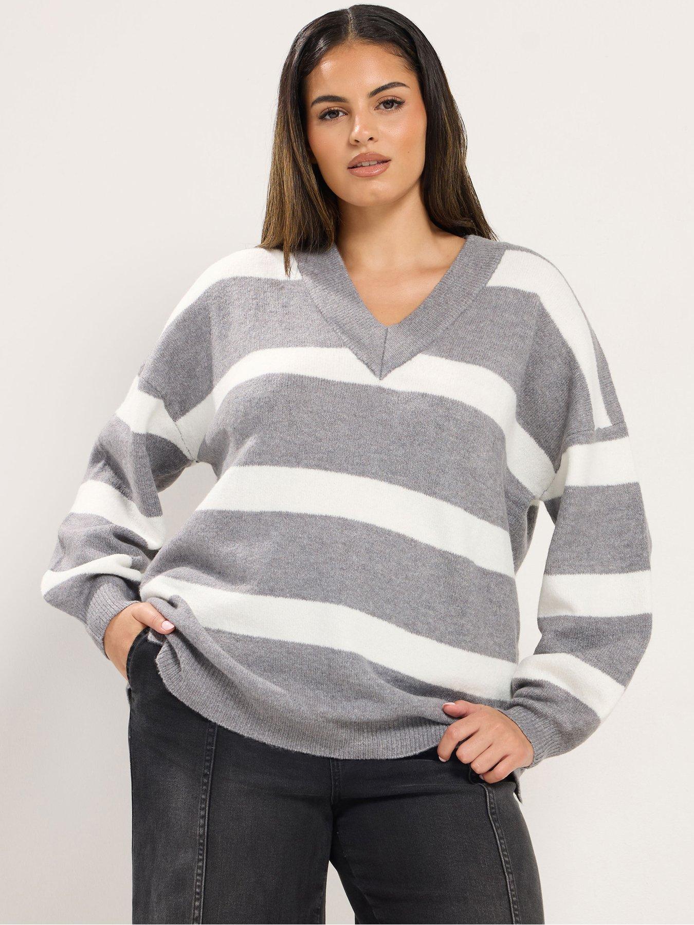 Image 1 of 4 of Yours Womens V-Neck Stripe Jumper - Grey