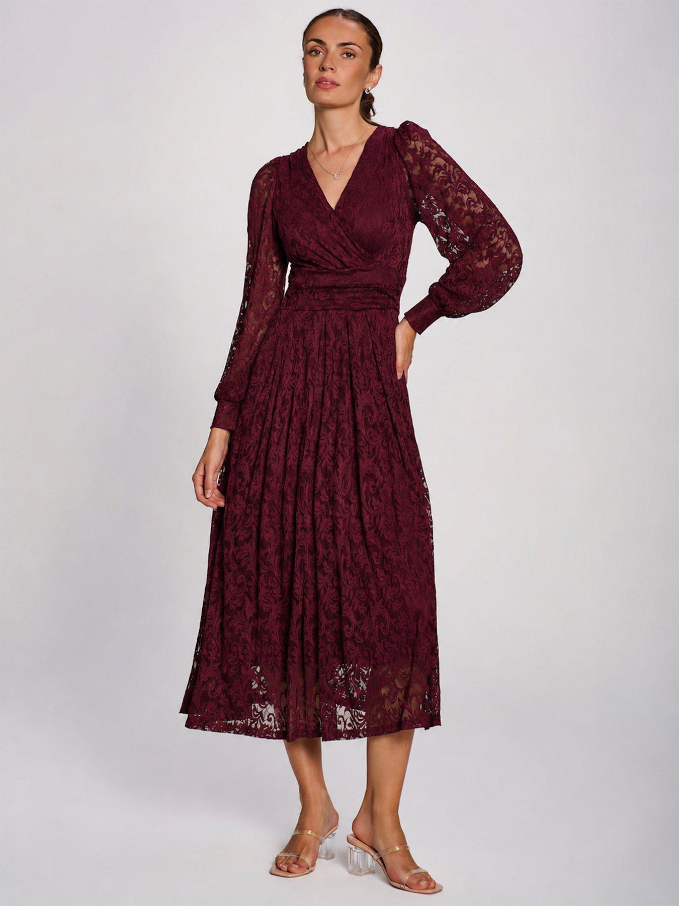 Image 1 of 7 of Jolie Moi Womens Wrap-Front Printed Lace Pleated Maxi Dress - Red