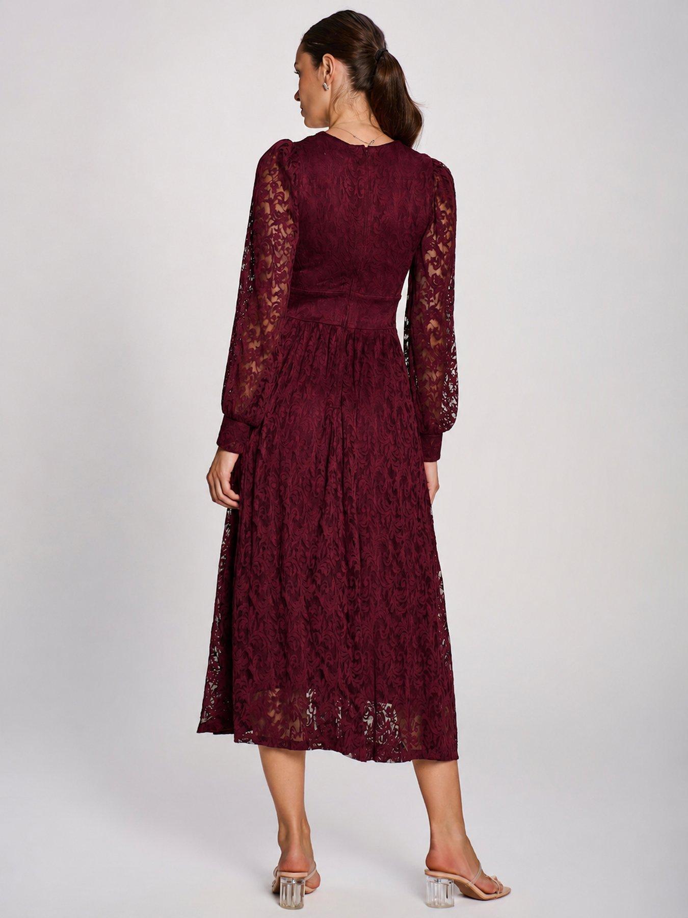 Image 2 of 7 of Jolie Moi Womens Wrap-Front Printed Lace Pleated Maxi Dress - Red