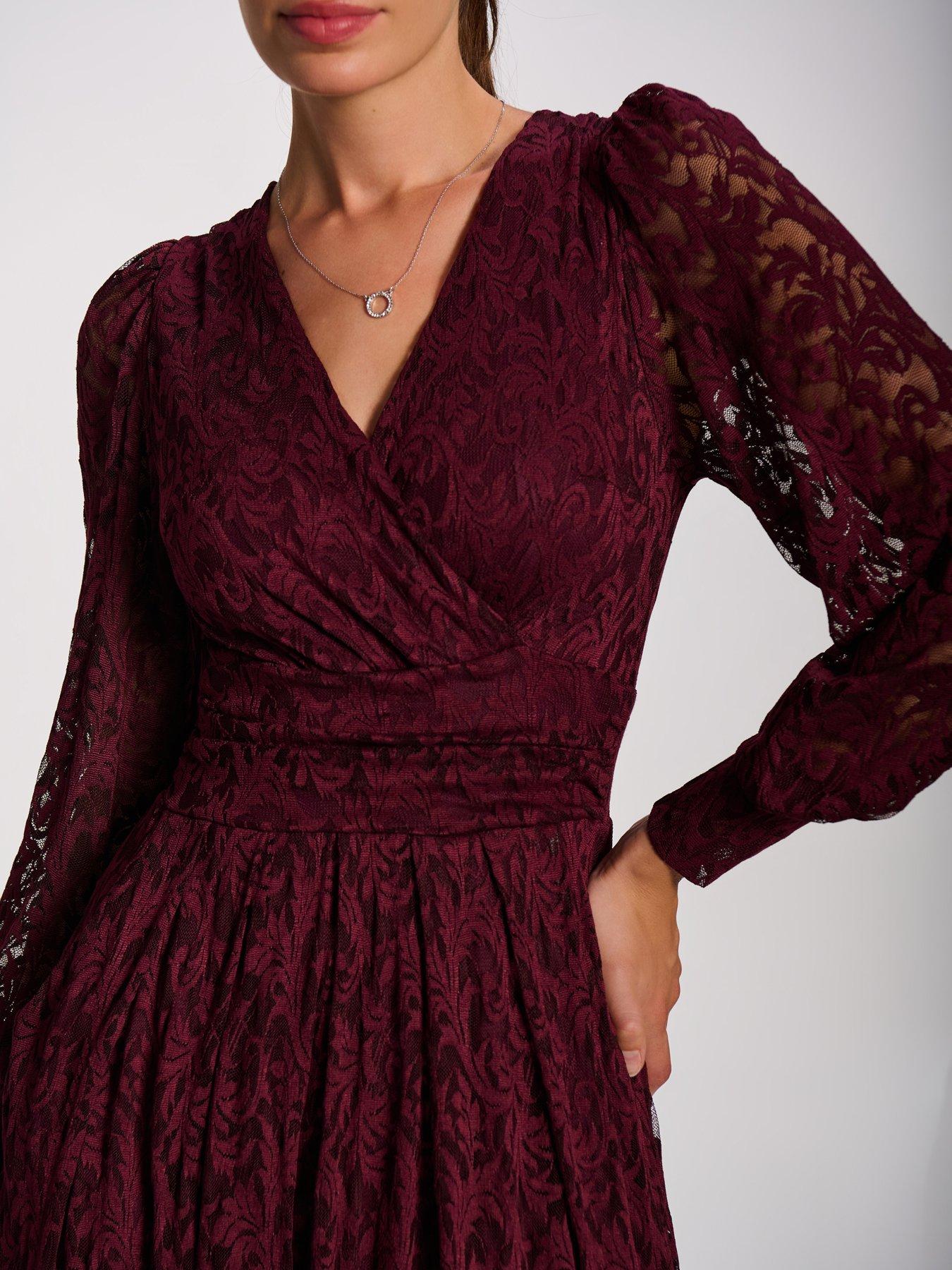 Image 3 of 7 of Jolie Moi Womens Wrap-Front Printed Lace Pleated Maxi Dress - Red