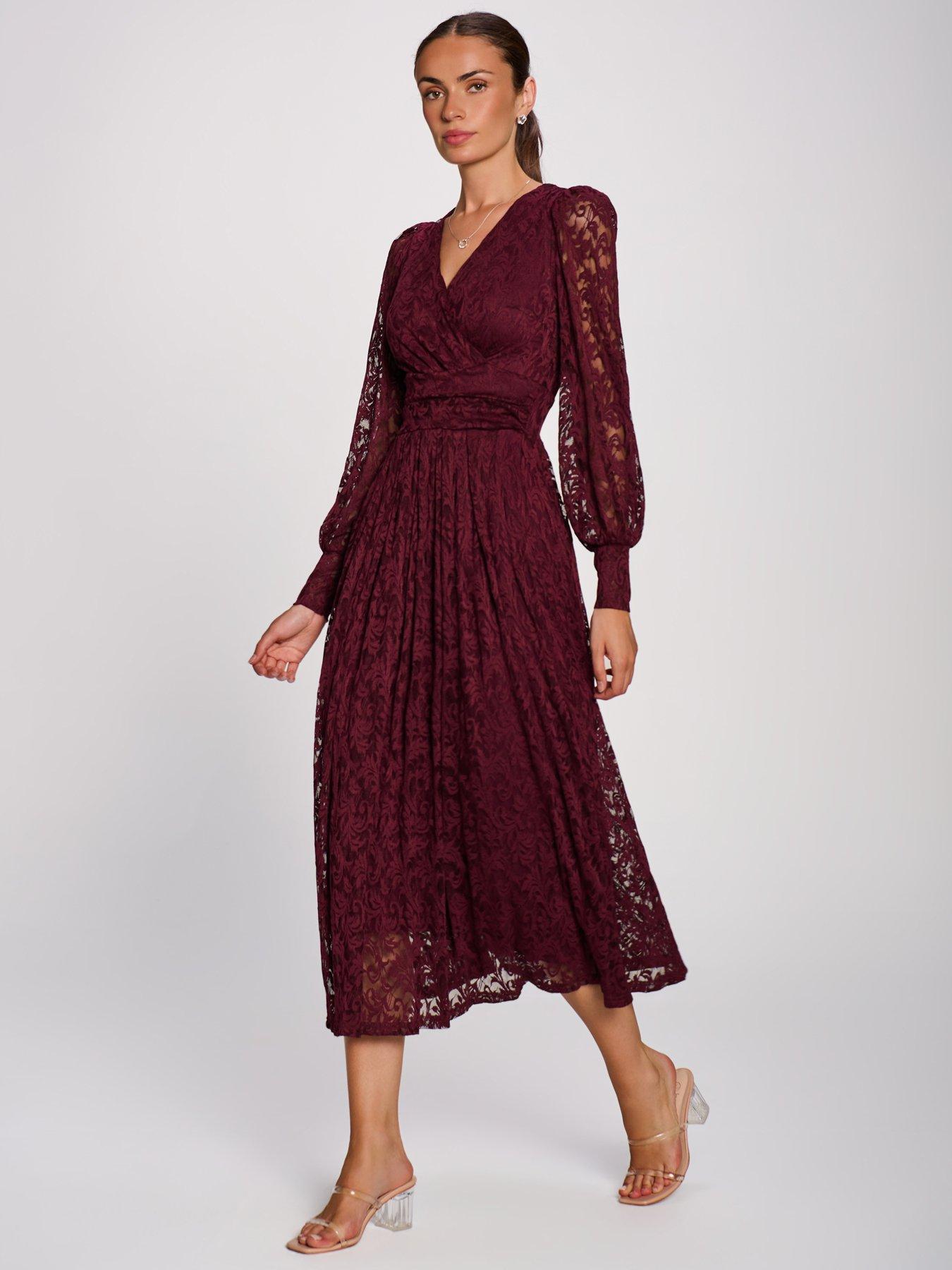 Image 4 of 7 of Jolie Moi Womens Wrap-Front Printed Lace Pleated Maxi Dress - Red
