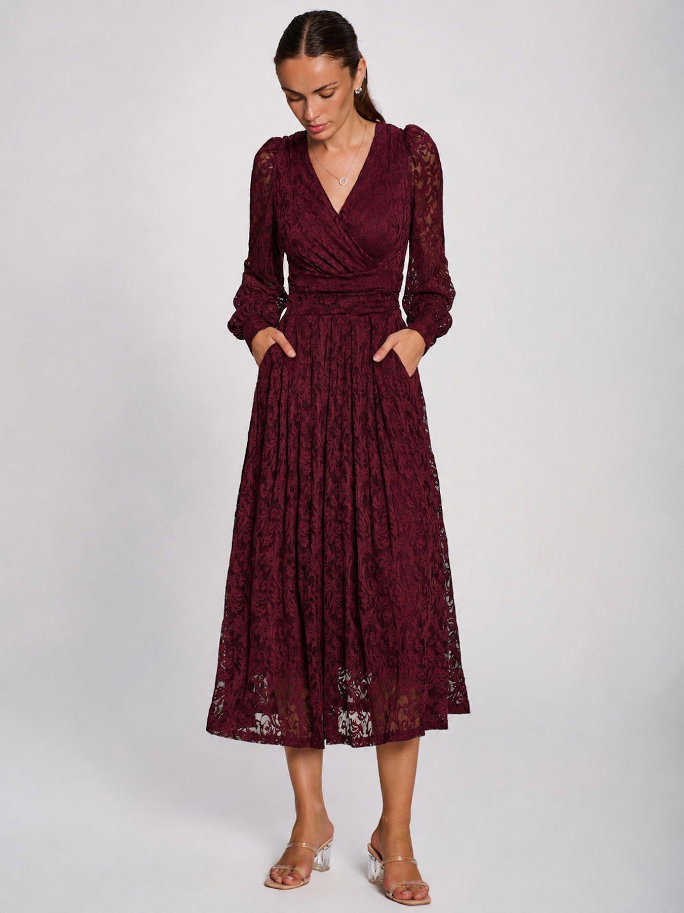 Image 5 of 7 of Jolie Moi Womens Wrap-Front Printed Lace Pleated Maxi Dress - Red