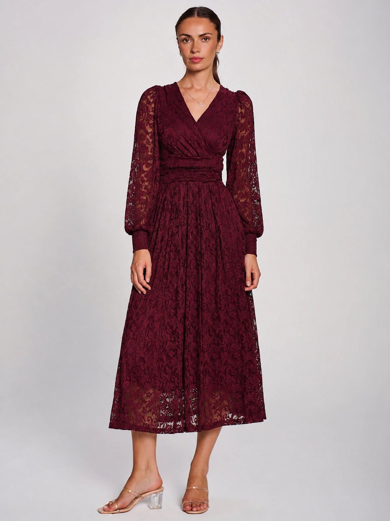 Image 6 of 7 of Jolie Moi Womens Wrap-Front Printed Lace Pleated Maxi Dress - Red