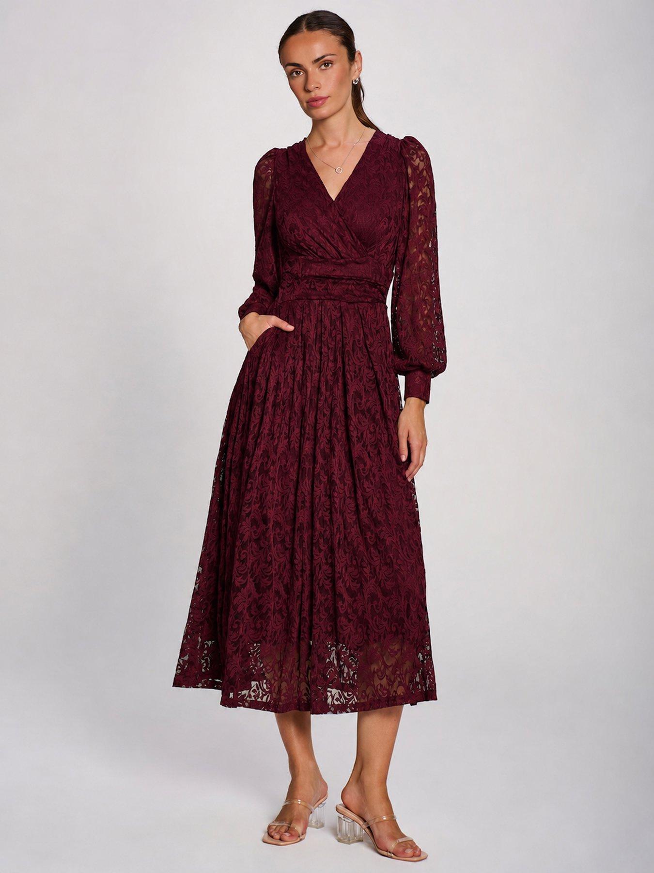 Image 7 of 7 of Jolie Moi Womens Wrap-Front Printed Lace Pleated Maxi Dress - Red