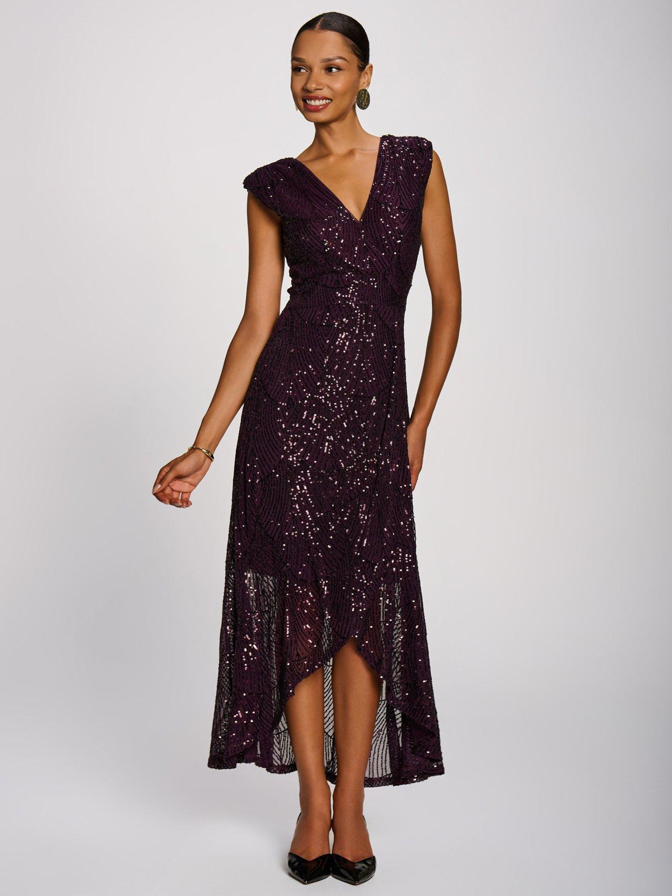 Image 1 of 7 of Jolie Moi Womens Sequin V Neckline Maxi Dress - Purple