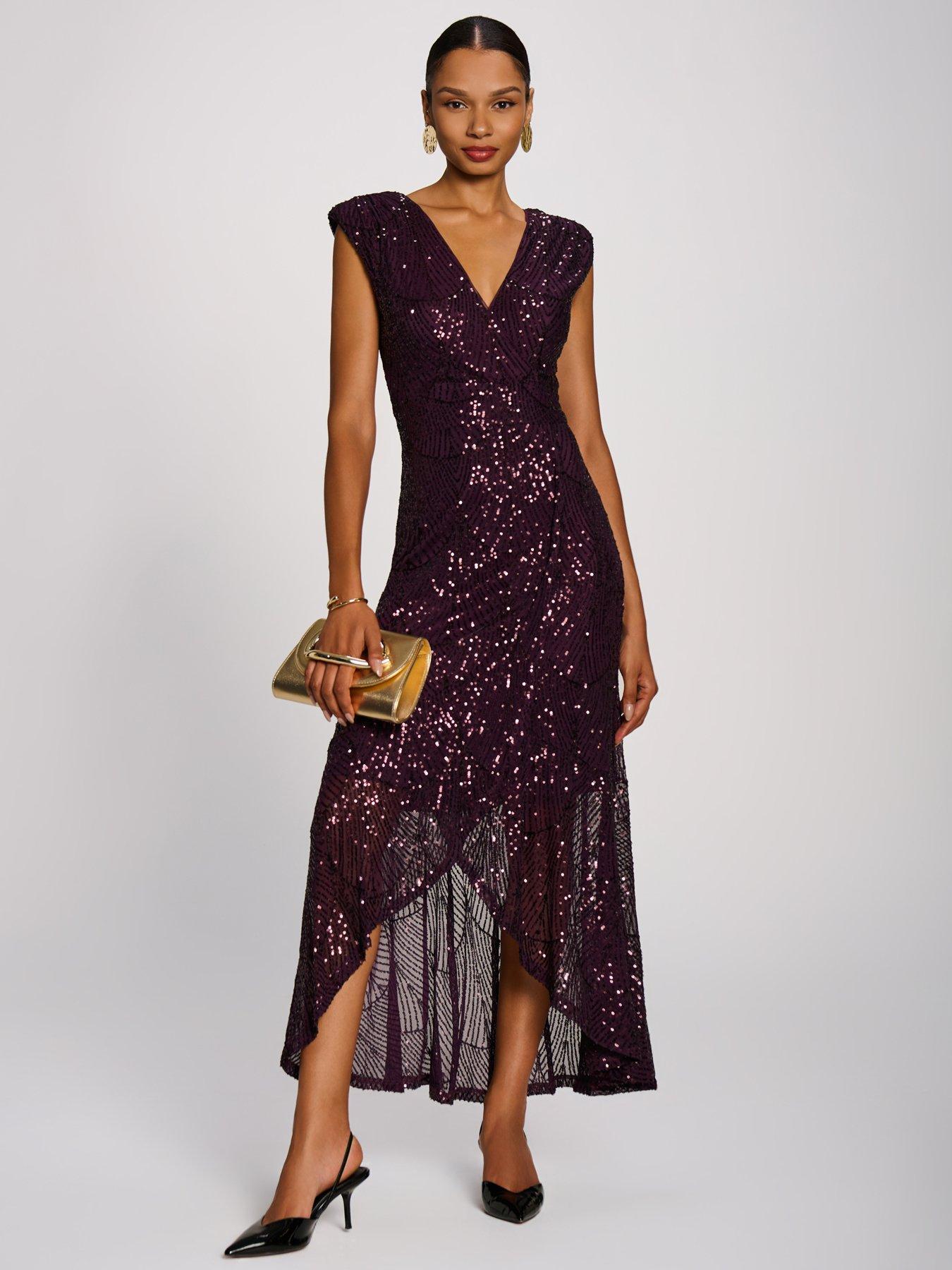 Image 3 of 7 of Jolie Moi Womens Sequin V Neckline Maxi Dress - Purple