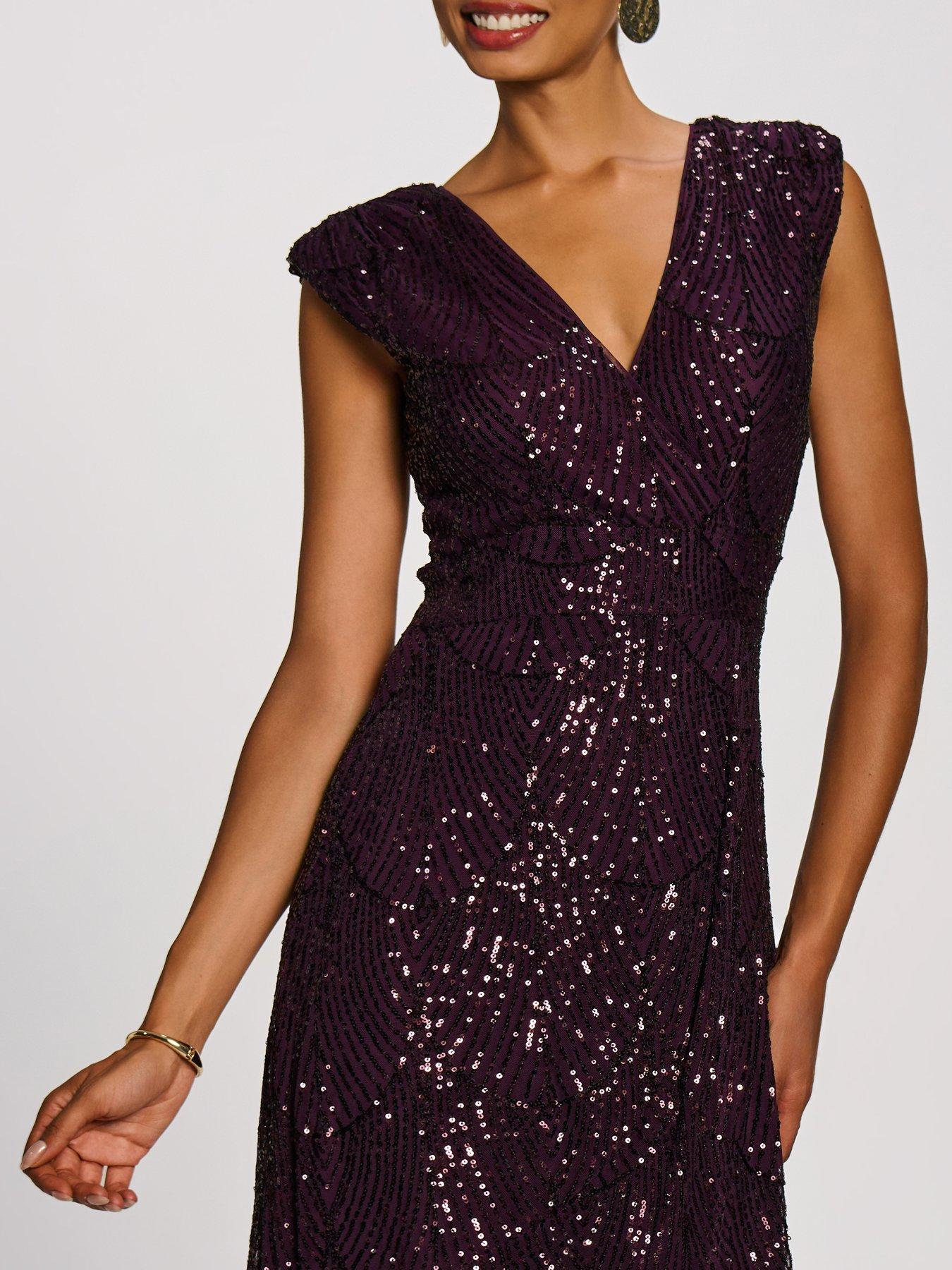 Image 4 of 7 of Jolie Moi Womens Sequin V Neckline Maxi Dress - Purple
