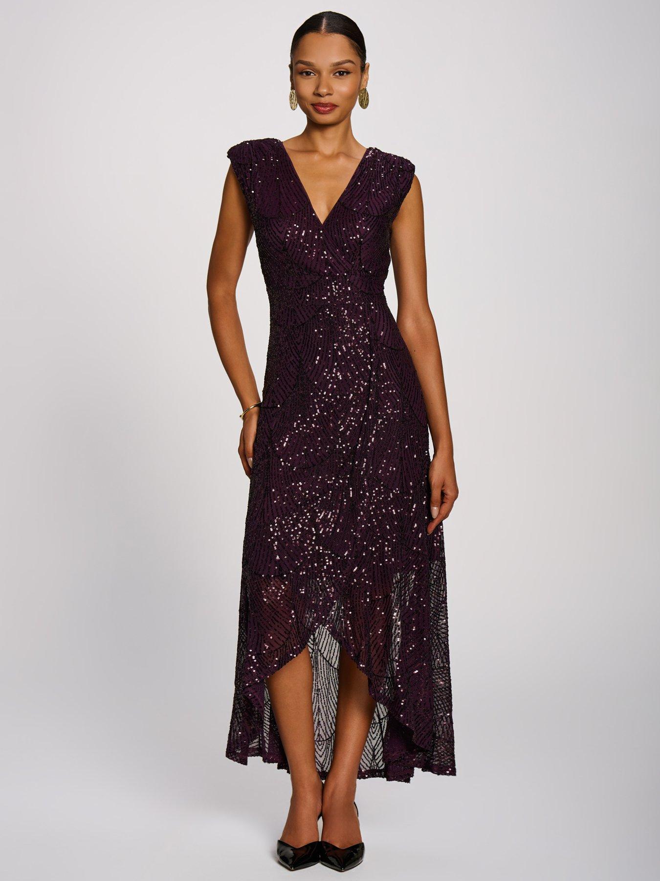 Image 6 of 7 of Jolie Moi Womens Sequin V Neckline Maxi Dress - Purple