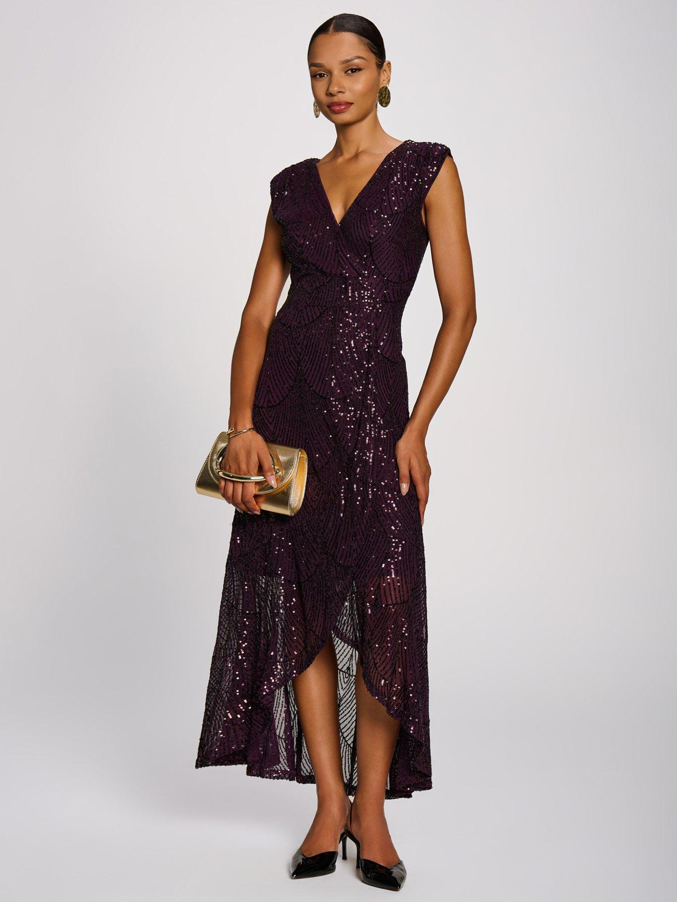 Image 7 of 7 of Jolie Moi Womens Sequin V Neckline Maxi Dress - Purple