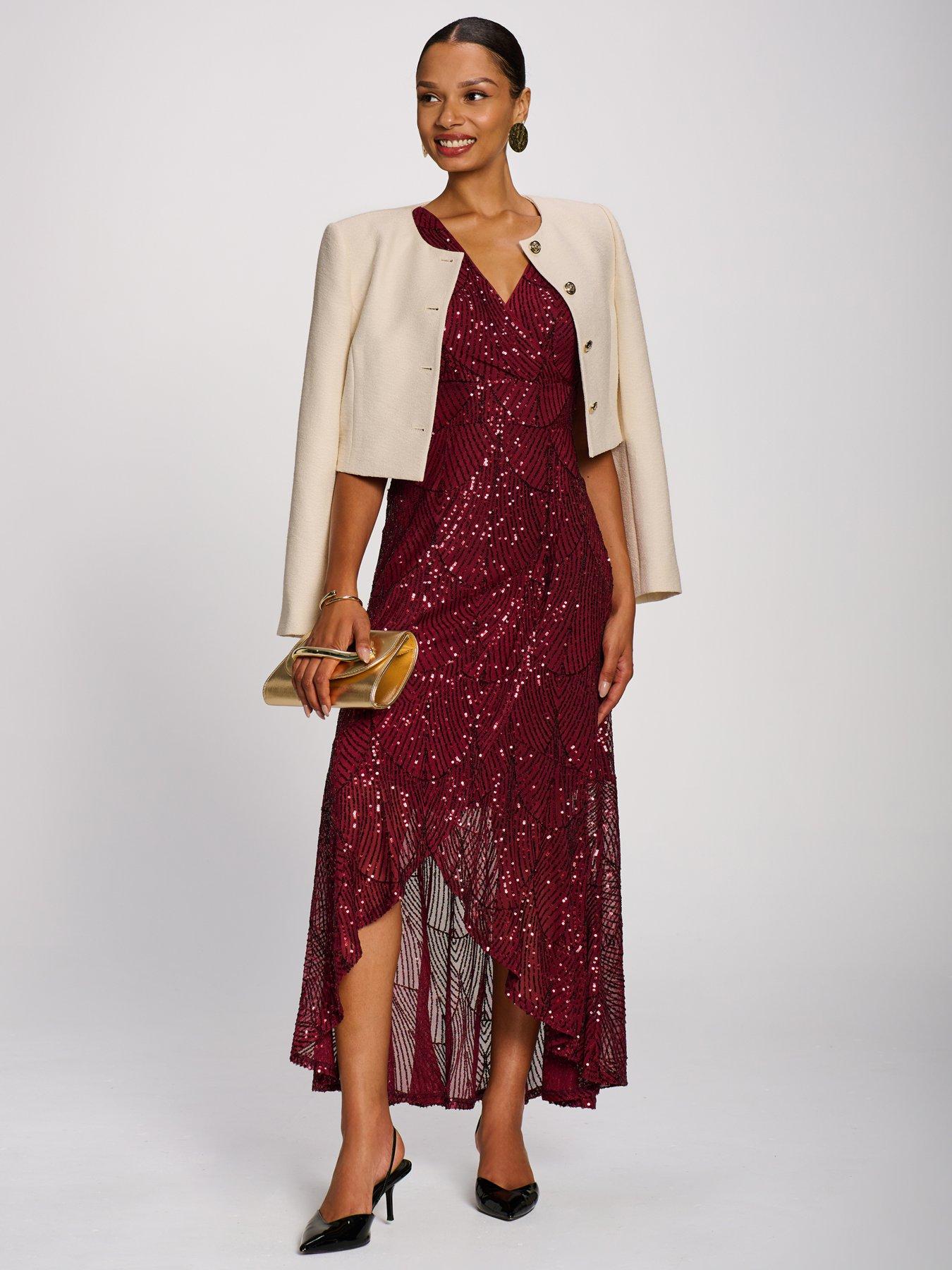 Image 3 of 7 of Jolie Moi Womens Flare Hem Wrap V-Neck Sequin Maxi Dress - Red