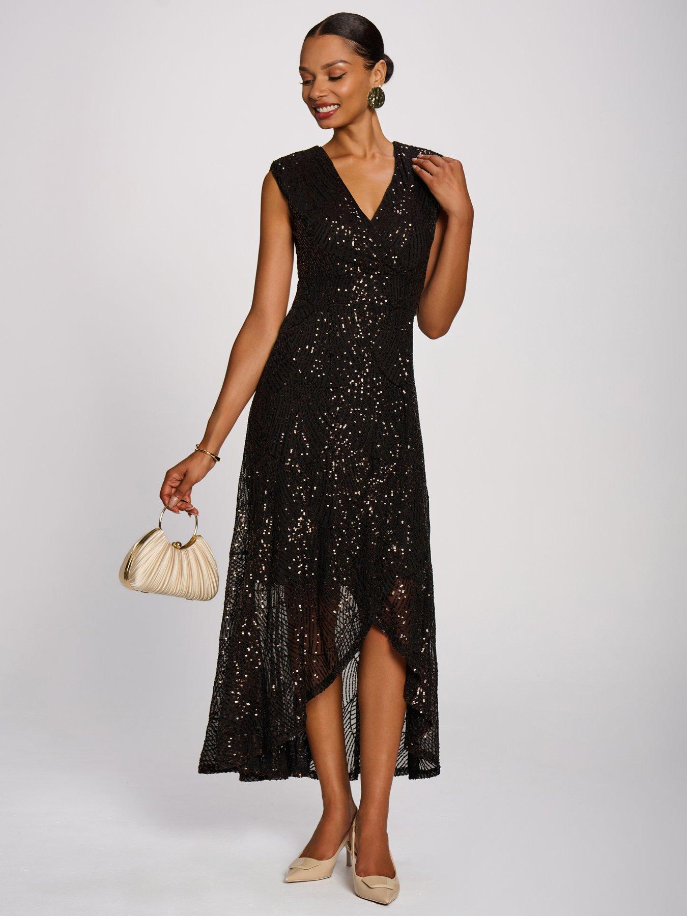 Image 1 of 7 of Jolie Moi Womens Sequin V-Neck High-Low Hem Maxi Dress - Brown