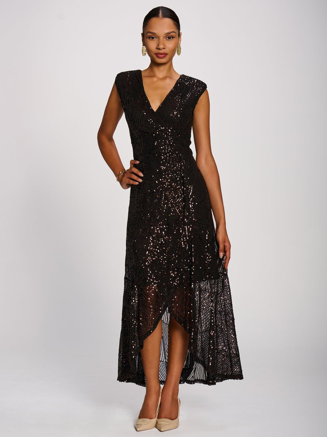 Image 5 of 7 of Jolie Moi Womens Sequin V-Neck High-Low Hem Maxi Dress - Brown