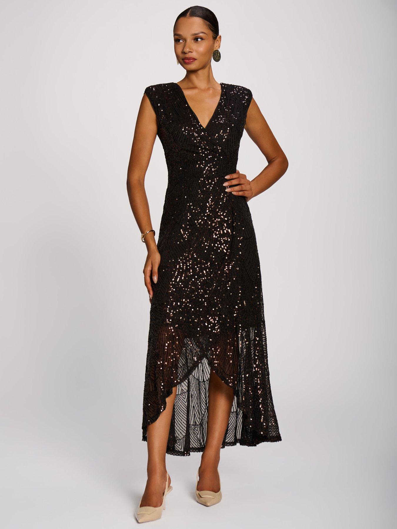 Image 7 of 7 of Jolie Moi Womens Sequin V-Neck High-Low Hem Maxi Dress - Brown