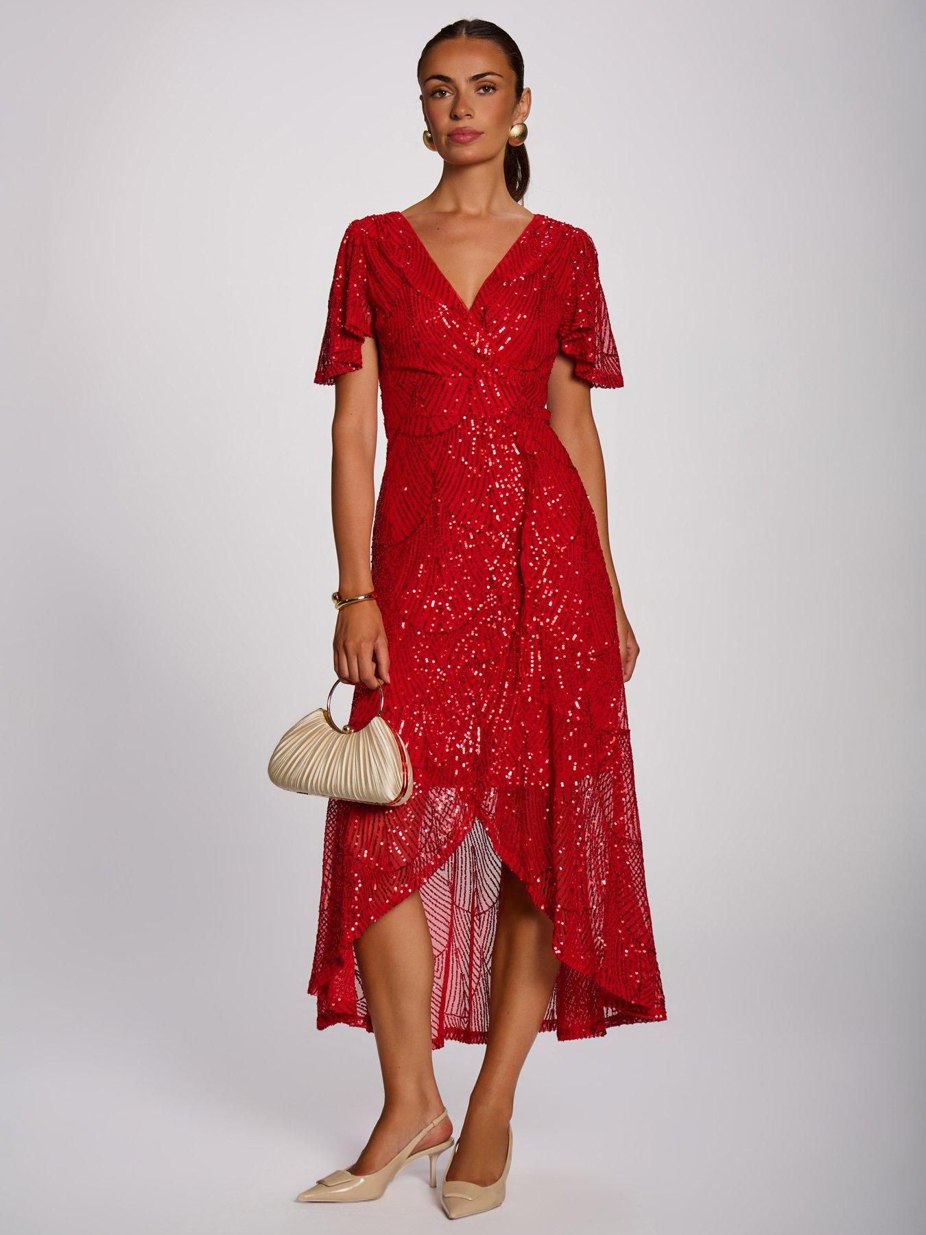 Image 1 of 7 of Jolie Moi Womens Sequin Angel Sleeve Flare Hem Maxi Dress - Red