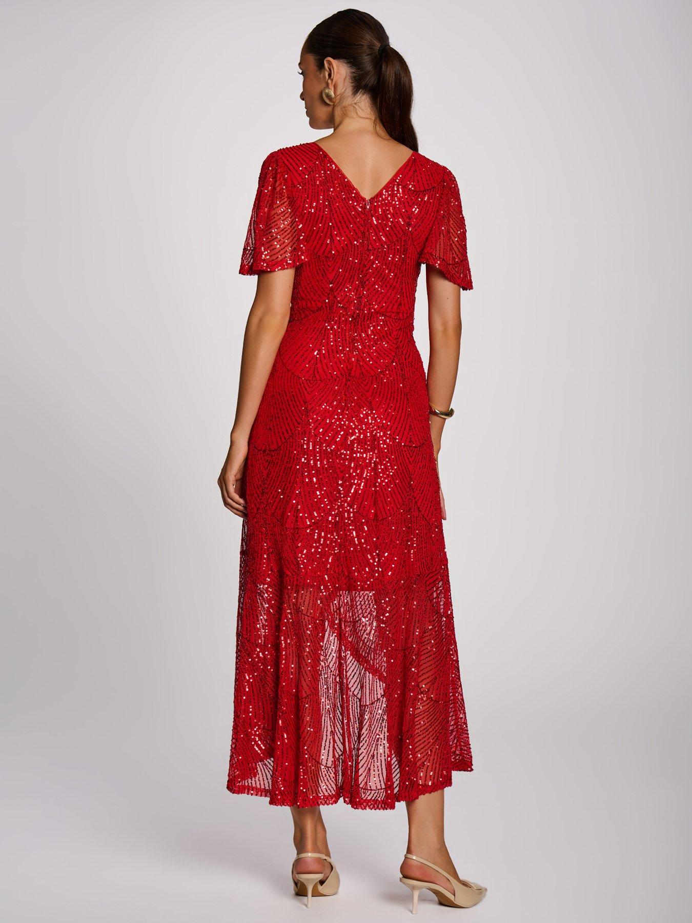 Image 2 of 7 of Jolie Moi Womens Sequin Angel Sleeve Flare Hem Maxi Dress - Red