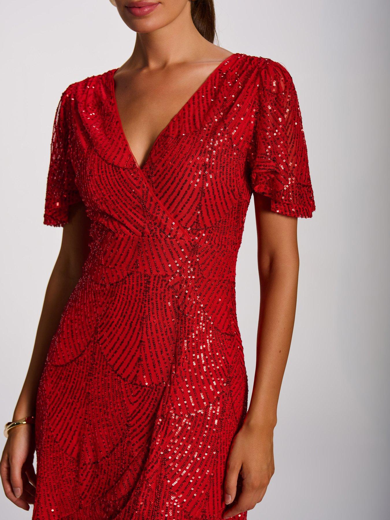 Image 4 of 7 of Jolie Moi Womens Sequin Angel Sleeve Flare Hem Maxi Dress - Red